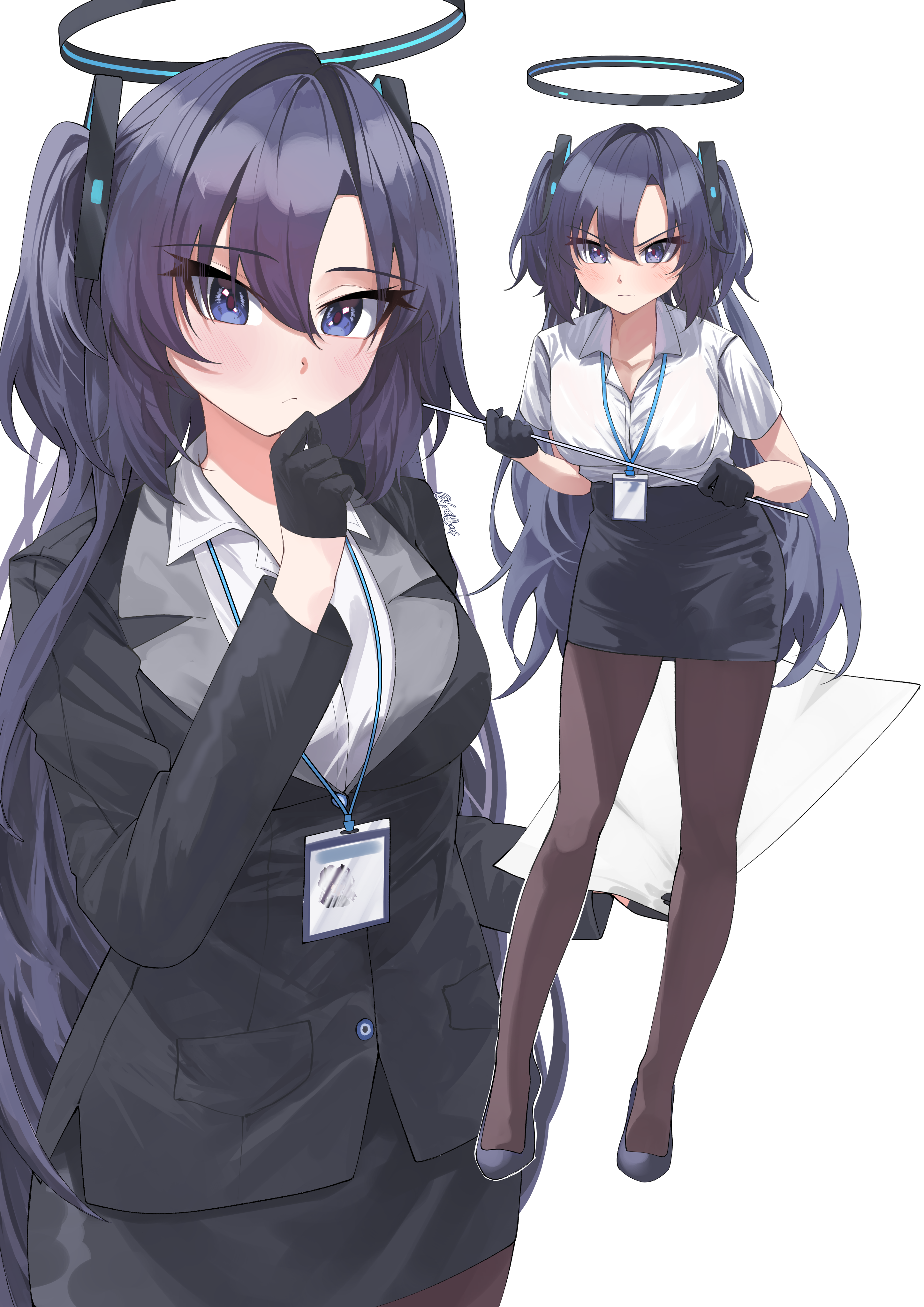 freshbeef, yuuka (blue archive), blue archive, absurdres, commentary, english commentary, highres, 1girl, black gloves, black jacket, black shoes, black skirt, blazer, blush, breasts, brown pantyhose, dress shirt, gloves, hair between eyes, halo, holding, holding paper, jacket, lanyard, long hair, looking at viewer, medium breasts, miniskirt, multiple views, pantyhose, paper, pencil skirt, purple eyes, red pupils, shirt, shoes, skirt, twitter username, two side up, v-shaped eyebrows, very long hair, white shirt