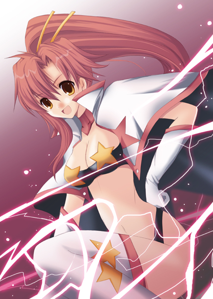 aisa naru, aisanaru, space yoko, yoko littner, tengen toppa gurren lagann, tengen toppa gurren lagann: lagann-hen, bad id, bad pixiv id, 00s, 1girl, bandeau, boots, cape, female focus, ponytail, red hair, solo, star (symbol), strapless, thigh boots, thighhighs, tube top, yellow eyes