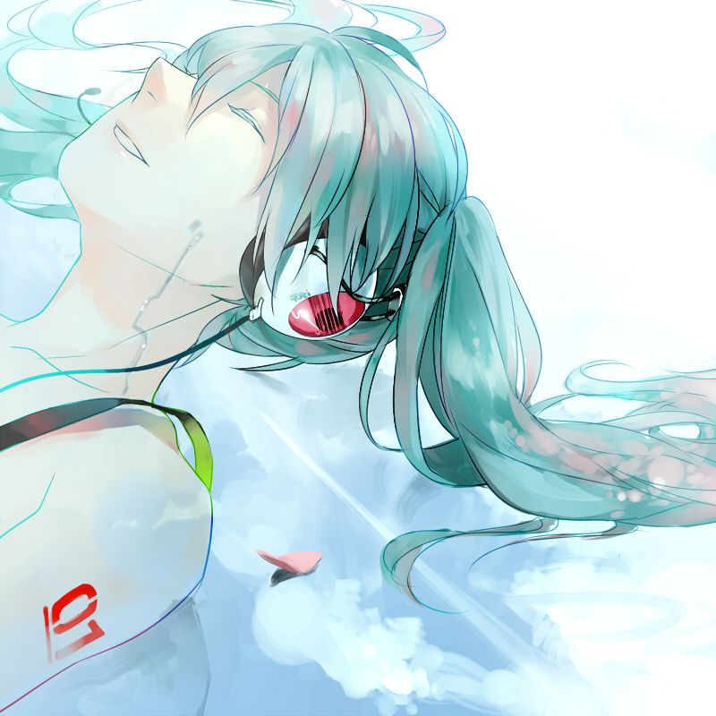 rei (sanbonzakura), hatsune miku, vocaloid, bad id, bad pixiv id, aqua hair, closed eyes, headphones, long hair, lying, petals, reflection, sky, solo
