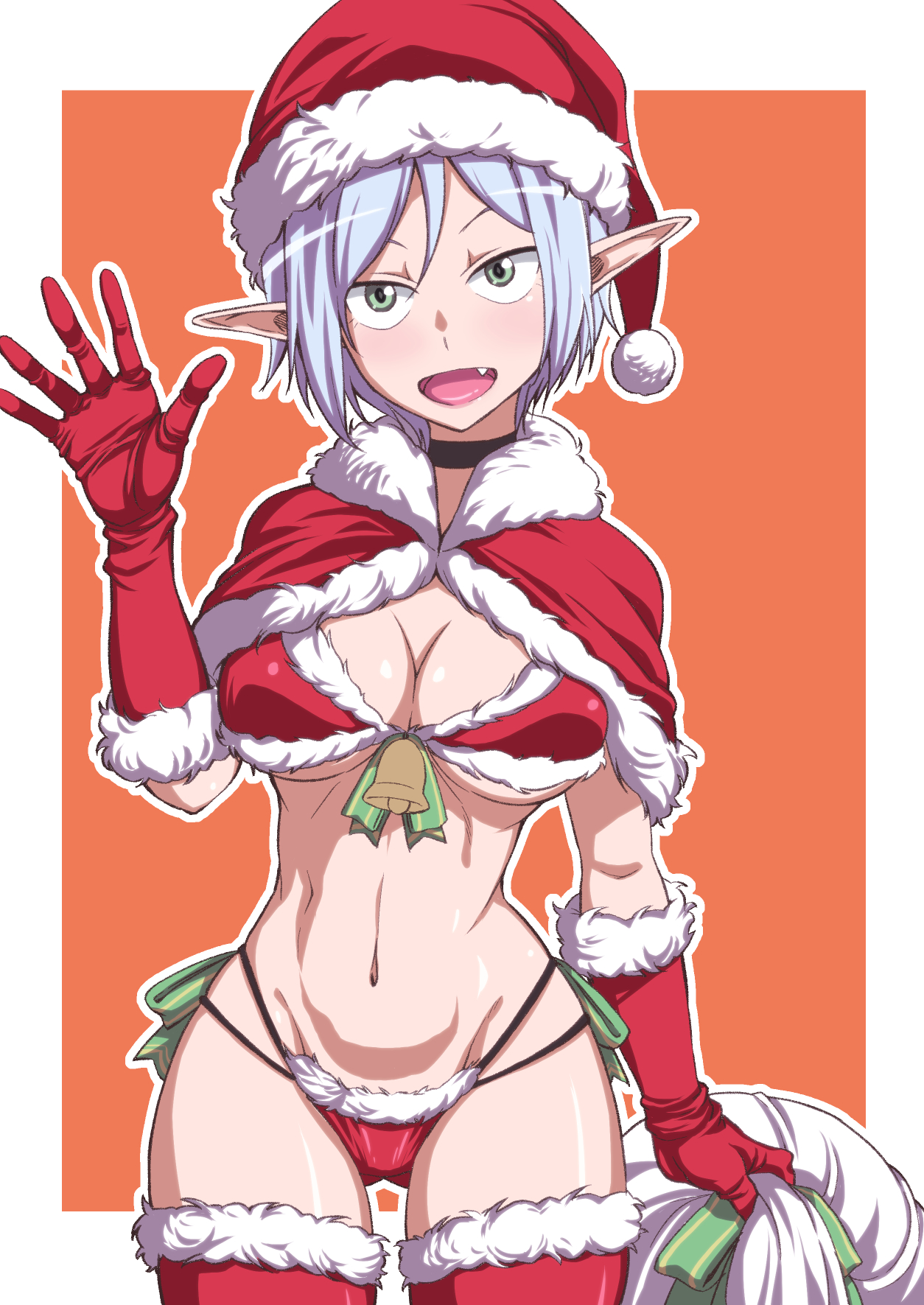 natsumi chorisuke, original, commentary, highres, bell, bikini, black choker, capelet, choker, elf, fang, fur-trimmed bikini, fur-trimmed capelet, fur-trimmed gloves, fur-trimmed headwear, fur-trimmed thighhighs, fur trim, gloves, green eyes, hat, holding, holding sack, long pointy ears, pointy ears, red bikini, red gloves, red thighhighs, sack, santa bikini, santa costume, santa hat, swimsuit, thighhighs, white hair