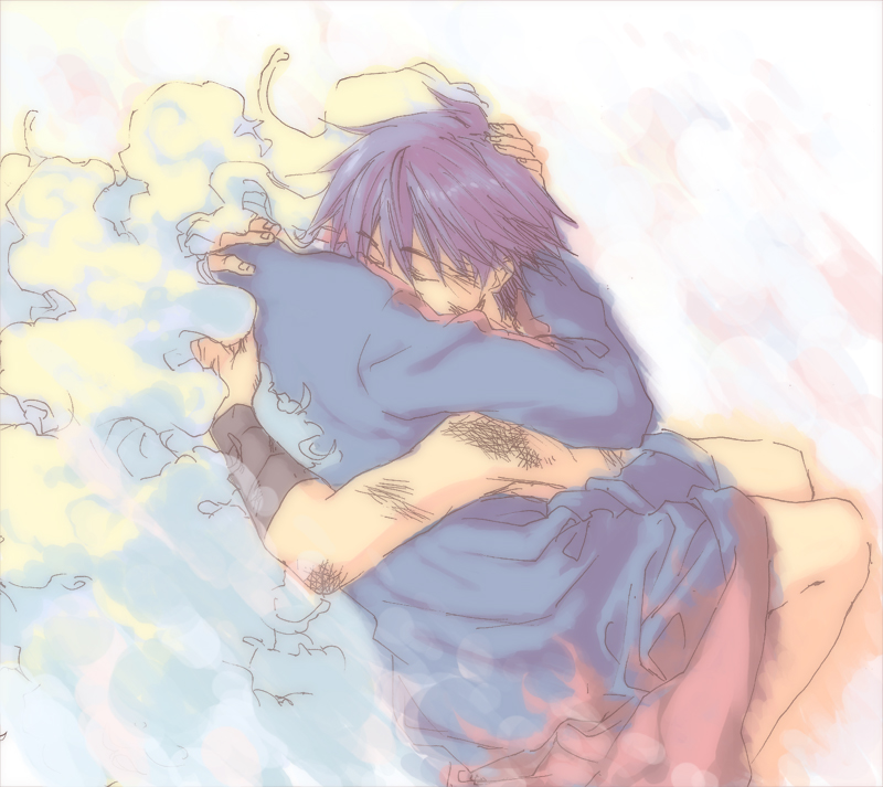 lolalol, nia teppelin, simon (ttgl), tengen toppa gurren lagann, 00s, 1boy, 1girl, aged up, blue hair, closed eyes, coat, couple, hetero, hug, long hair, multicolored hair, short hair, trench coat, two-tone hair, very long hair