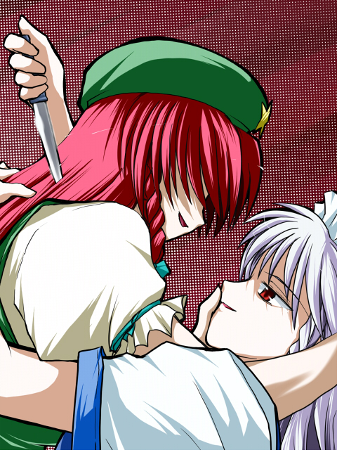 yuzukineko, hong meiling, izayoi sakuya, embodiment of scarlet devil, touhou, silver hair, 2girls, female focus, hat, knife, multiple girls, red eyes, red hair, upper body