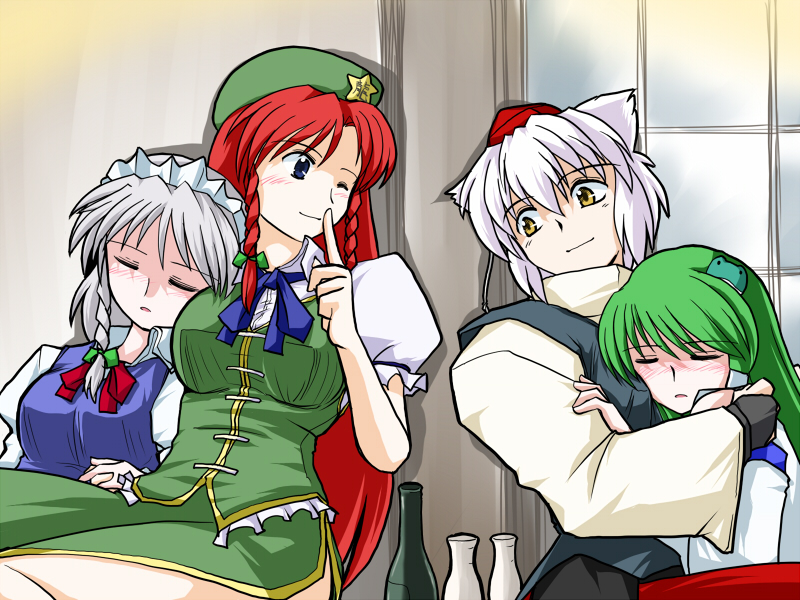 yuzukineko, hong meiling, inubashiri momiji, izayoi sakuya, kochiya sanae, touhou, 4girls, animal ears, blue eyes, blush, braid, female focus, hairband, hat, multiple girls, one eye closed, ribbon, sleeping, smile, twin braids, wink