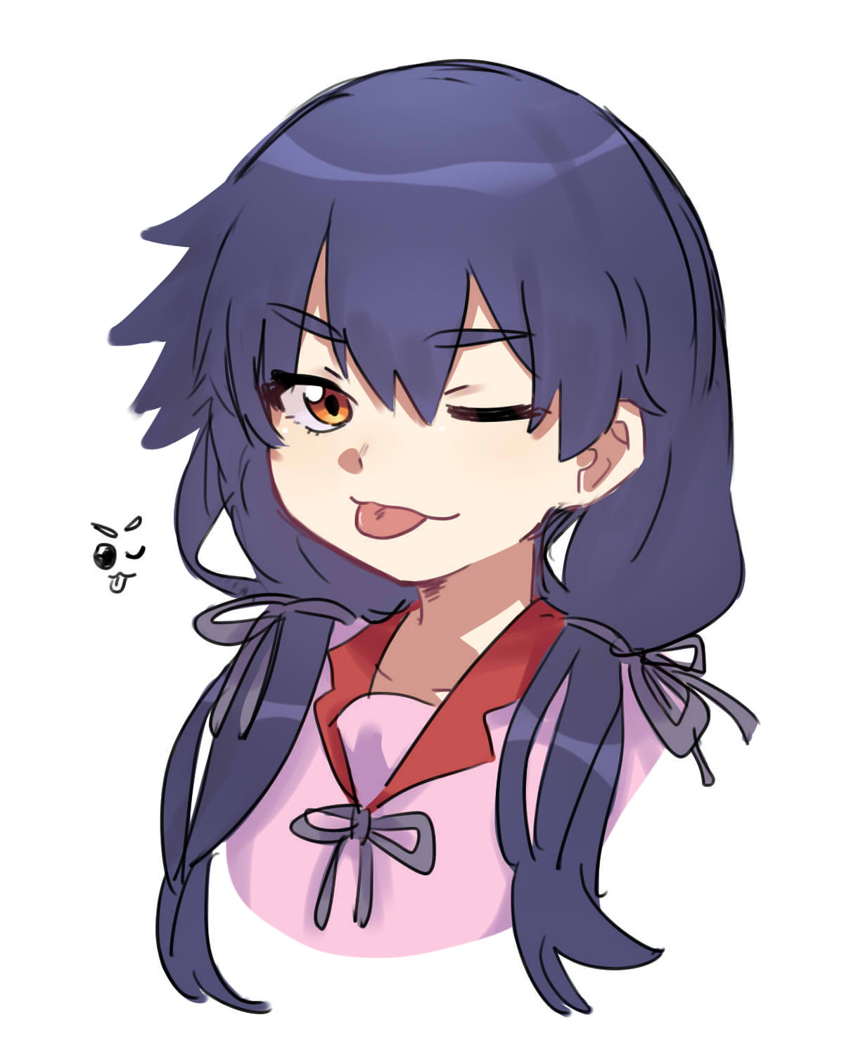 tsugumi (tgm 615486), kanbaru suruga, monogatari (series), commentary, highres, symbol-only commentary, 1girl, :p, bow, bowtie, brown eyes, cropped torso, eyelashes, hair between eyes, hair over shoulder, long hair, looking at viewer, naoetsu high school uniform, neck ribbon, one eye closed, pink shirt, purple bow, purple bowtie, purple hair, purple ribbon, red trim, ribbon, school uniform, shirt, simple background, solo, thick eyebrows, tongue, tongue out, twintails, white background