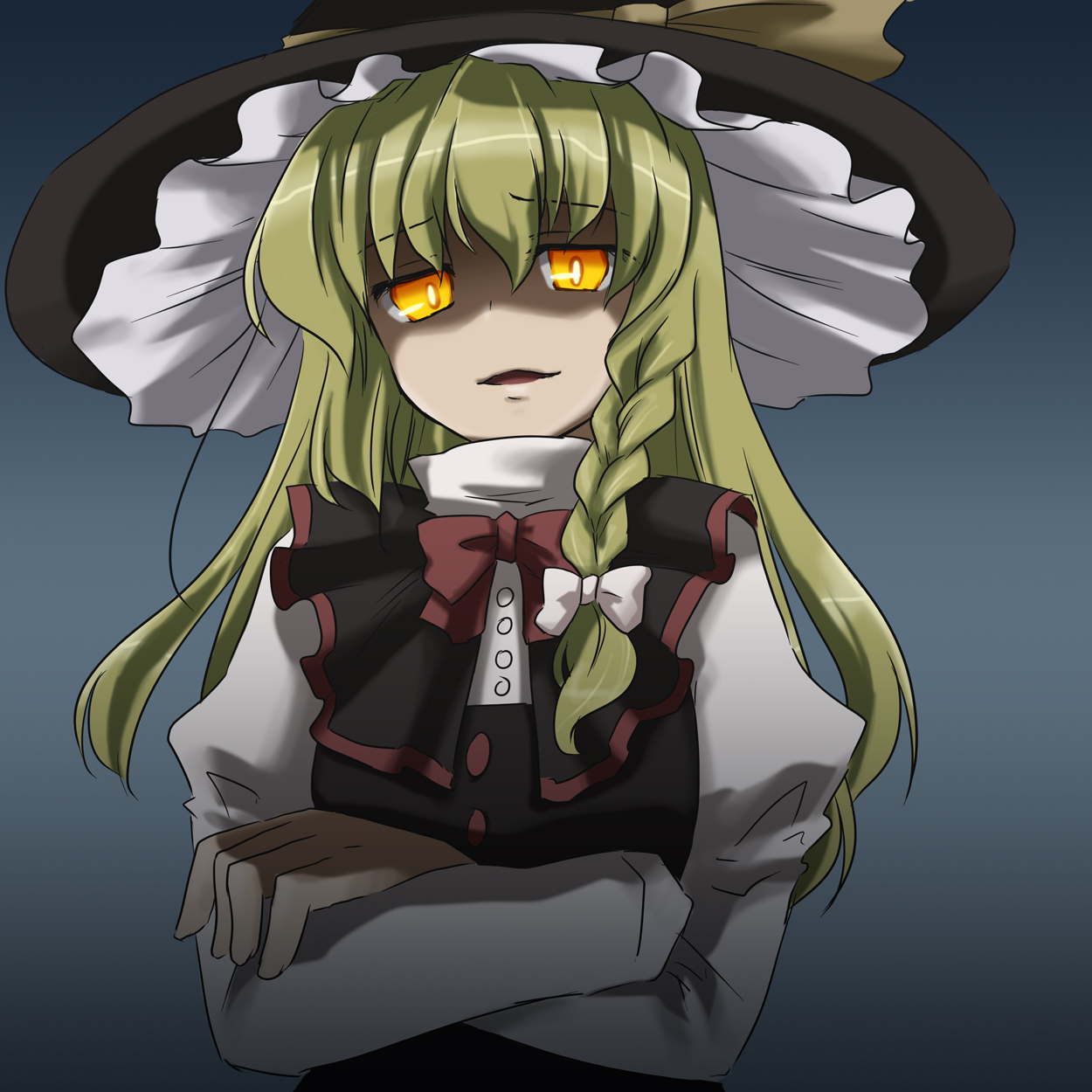 mizuki riko, kirisame marisa, atlus, persona, persona 4, touhou, bad id, bad pixiv id, highres, 1girl, angry, blonde hair, braid, crossed arms, dark persona, female focus, glowing, glowing eyes, hat, ribbon, solo, yellow eyes, you gonna get raped