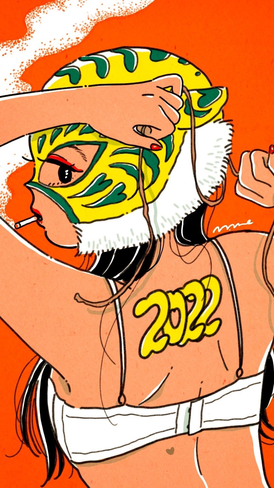 emamemamo33, original, commentary, highres, 1girl, 2022, black hair, bra, chinese zodiac, cigarette, eyeliner, from behind, heart, long hair, looking at viewer, looking back, luchador, luchador mask, makeup, mask, nail polish, red background, red eyeliner, red lips, red nails, signature, simple background, smoke, smoking, solo, tiger, tiger mask (object), tying, underwear, white bra, wrestler, wrestling mask, year of the tiger