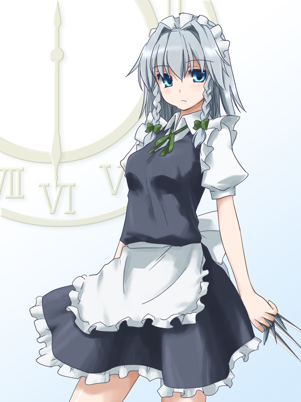 mizuki riko, izayoi sakuya, touhou, silver hair, bad id, bad pixiv id, 1girl, blue eyes, braid, dress, female focus, gradient background, hairband, knife, maid, ribbon, short hair, solo, twin braids, white background