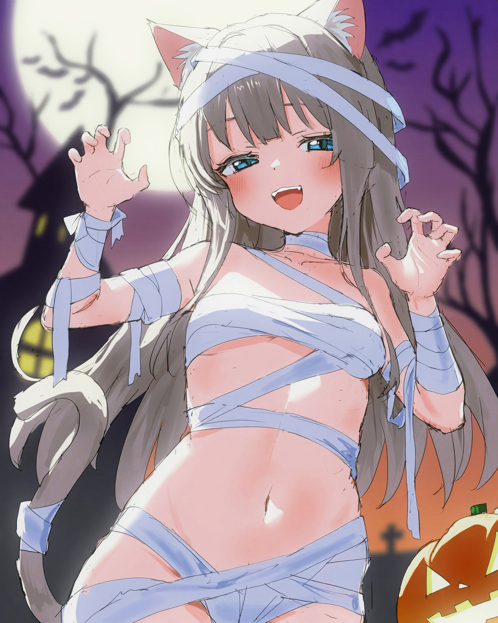 4o4 n0t fankal, original, absurdres, highres, 1girl, :d, animal ears, bandages, blue eyes, blurry, breasts, budget sarashi, building, cat ears, cat girl, cat tail, claw pose, cowboy shot, cross, depth of field, full moon, grey hair, halloween, halloween costume, jack-o'-lantern, long hair, looking at viewer, moon, mummy costume, naked bandage, navel, night, open mouth, sarashi, smile, stomach, tail, underboob