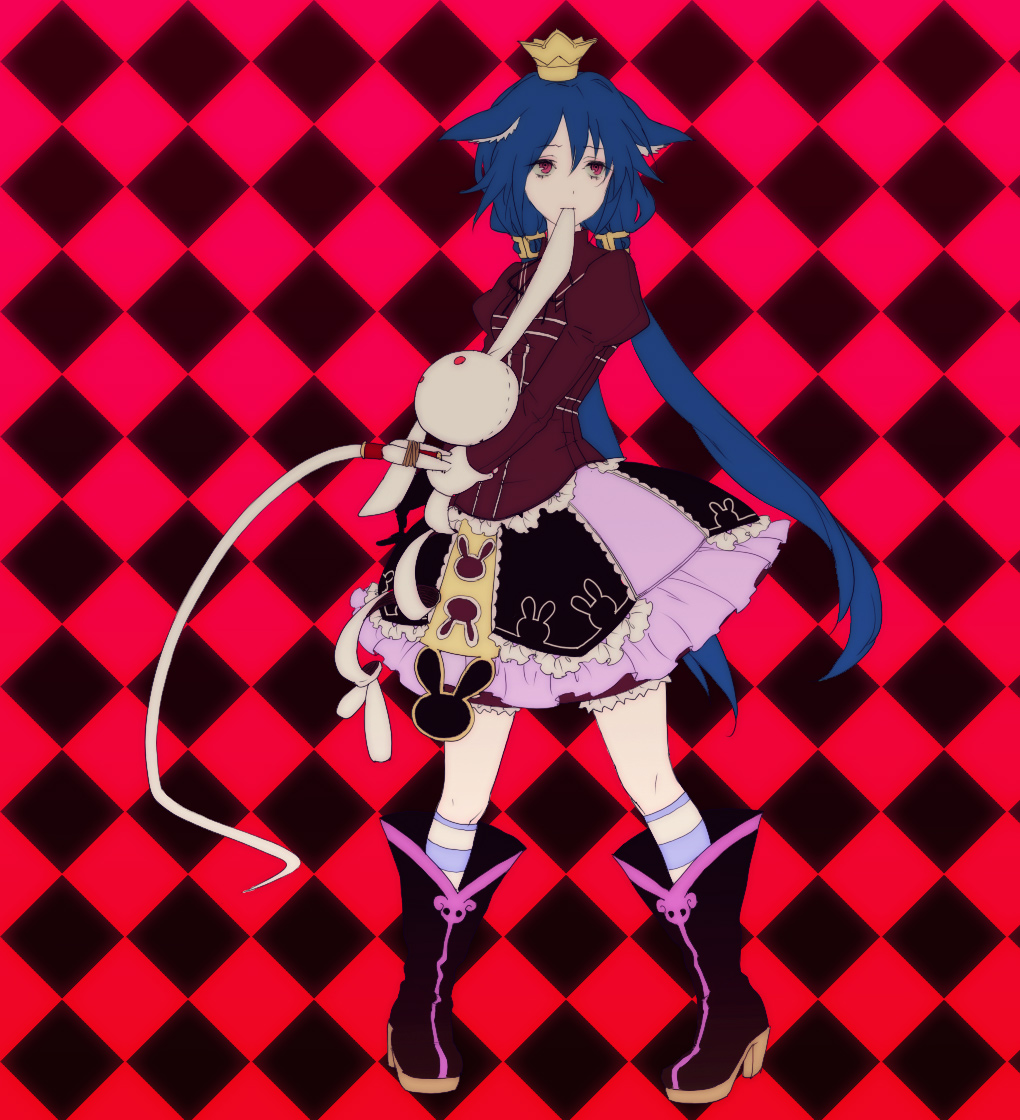 egawa satsuki, momomeno (7th dragon), princess (7th dragon), 7th dragon, 7th dragon (series), 1girl, animal ears, bloomers, blue hair, checkered background, crown, dress, eating, female focus, gothic lolita, gradient background, high heels, lolita fashion, mouth hold, patterned background, pink background, purple eyes, rabbit, red background, shoes, solo, stuffed animal, stuffed rabbit, stuffed toy, twintails, underwear, whip