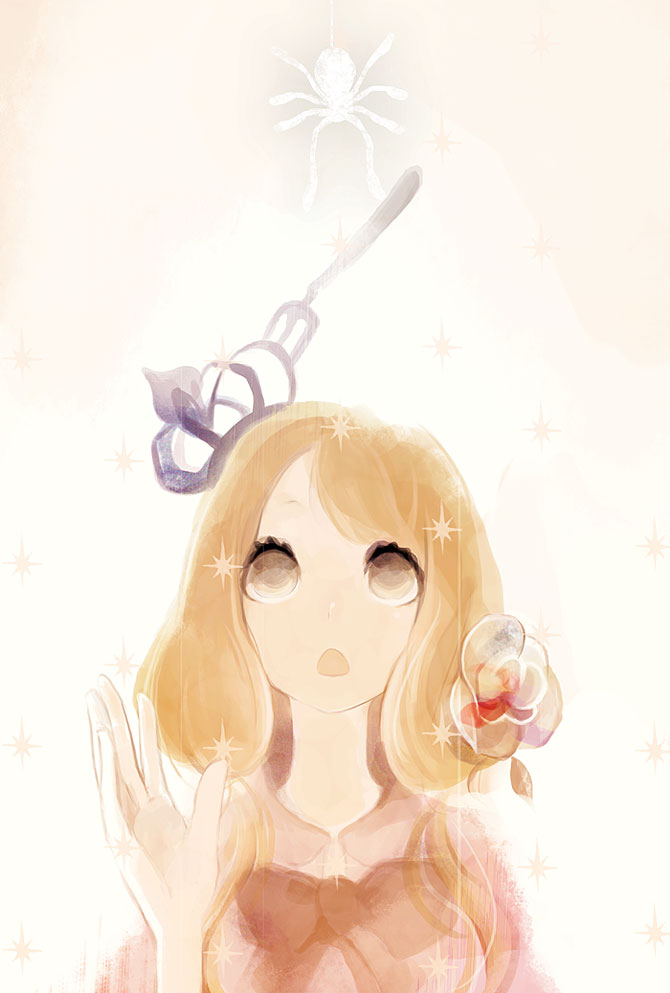 xxxxakixxxx, bad id, bad pixiv id, traditional media, :o, blonde hair, bow, brown eyes, bug, crown, flower, fork, ribbon, short hair, solo, spider