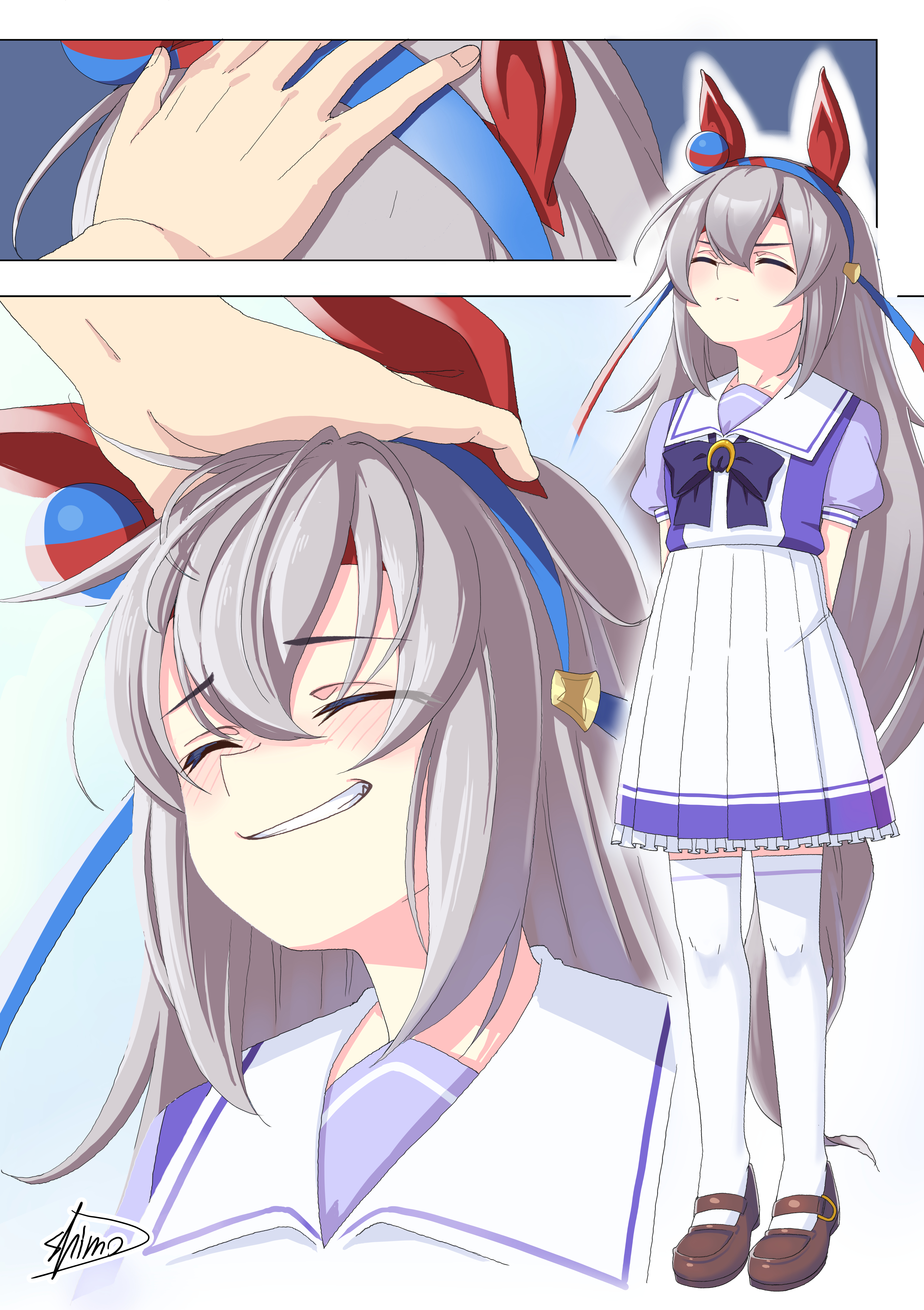 tamamo cross (umamusume), umamusume, absurdres, highres, 1girl, 1other, animal ears, boots, brown boots, closed eyes, ear ornament, grey hair, grey tail, grin, happy, headband, horse ears, horse girl, horse tail, ishida illusto, long hair, red headband, school uniform, shoes, short sleeves, smile, solo focus, tail, tracen school uniform