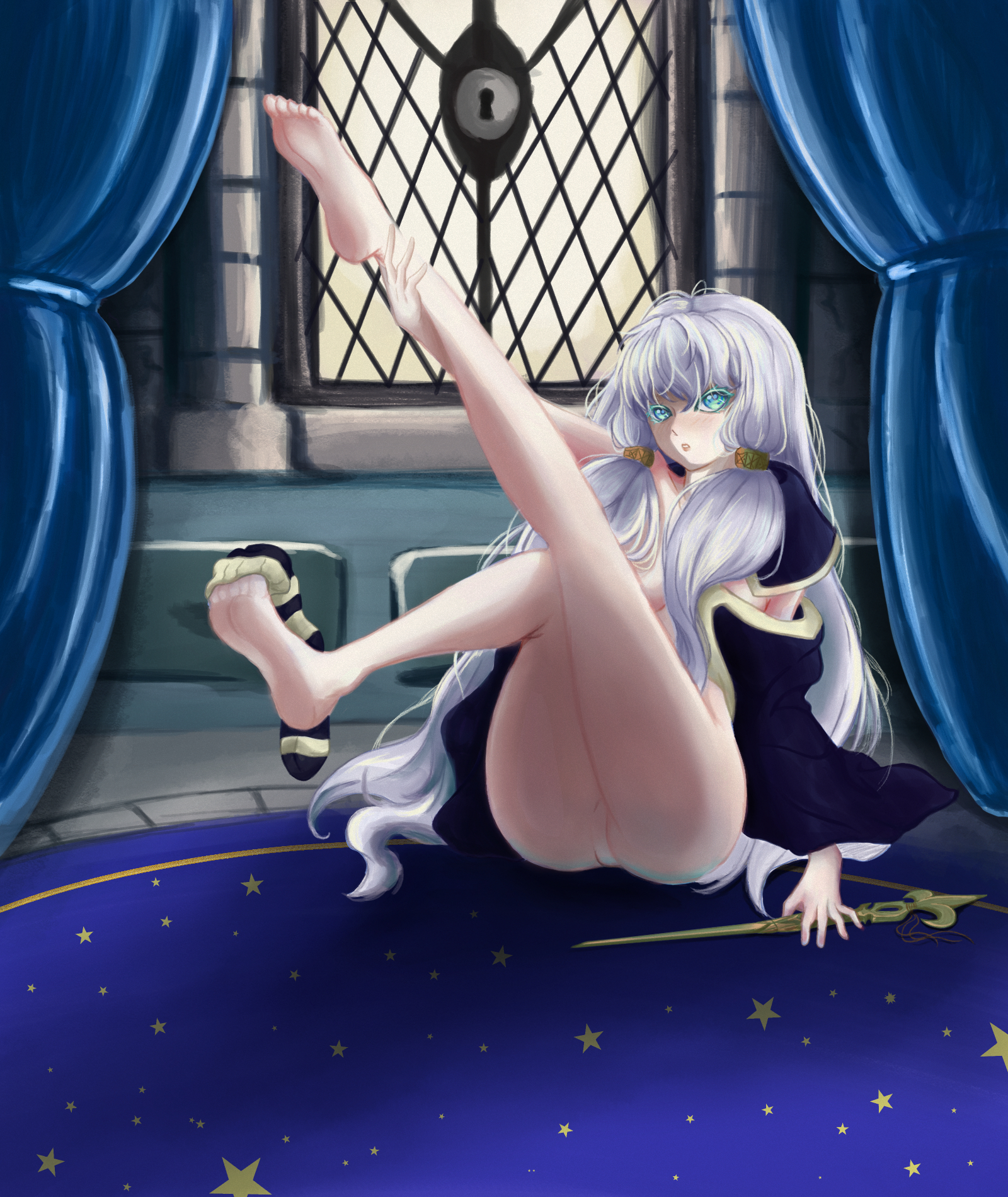 protagonist (hogwarts legacy), harry potter (series), hogwarts legacy, original, wizarding world, highres, barefoot, blue eyes, blue jacket, feet, jacket, long hair, messy hair, nude, ravenclaw, very long hair, wand, white hair