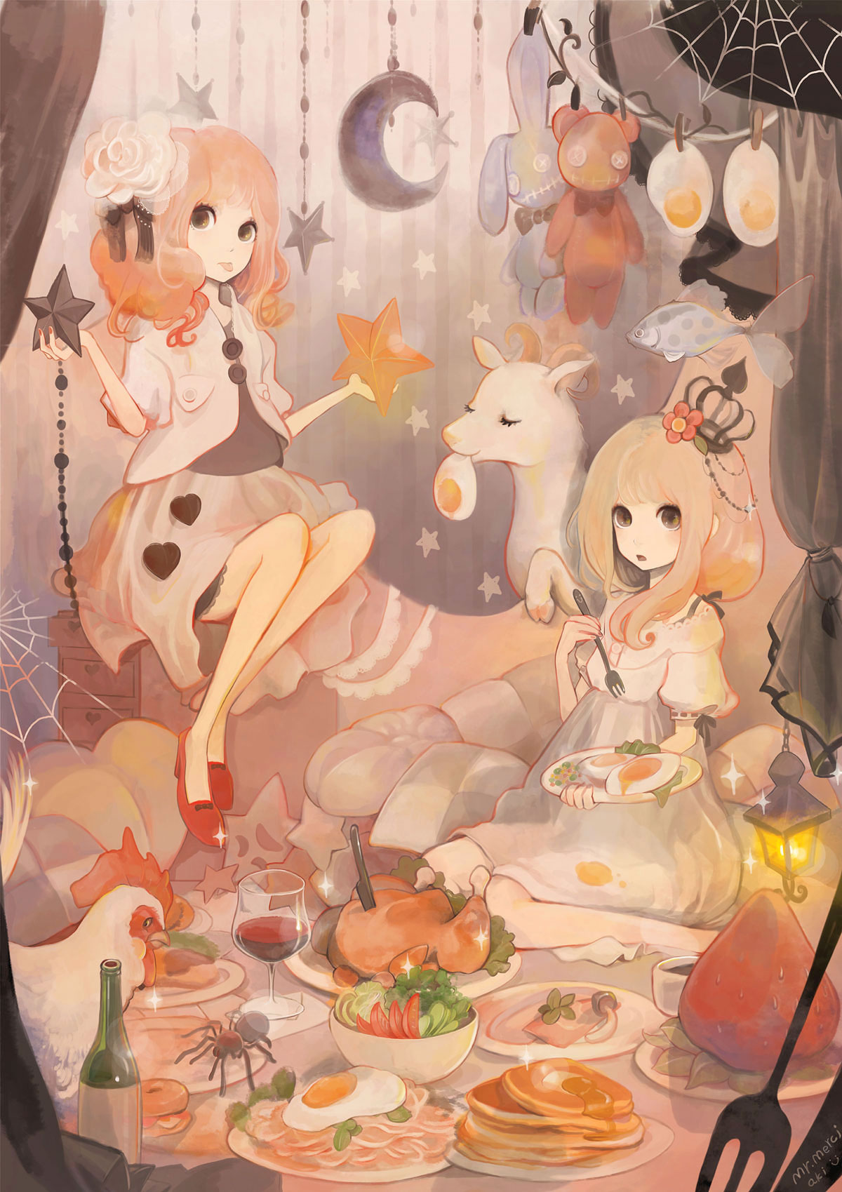 xxxxakixxxx, bad id, bad pixiv id, highres, 2girls, bird, blonde hair, bug, chicken, chicken (food), crown, cup, dress, drinking glass, egg (food), flower, food, fried egg, fruit, ham, high heels, multiple girls, pancake, shoes, short hair, spider, star (symbol), strawberry, stuffed animal, stuffed rabbit, stuffed toy, teddy bear, wine glass