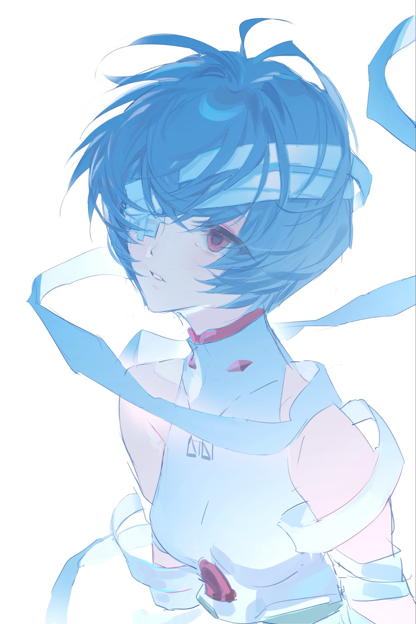 fengguai, ayanami rei, neon genesis evangelion, highres, 1girl, bandaged arm, bandaged head, bandages, bare shoulders, blue hair, bodysuit, breasts, eyepatch, floating bandage, loose bandages, mecha pilot suit, medical eyepatch, medium breasts, messy hair, parted lips, plugsuit (evangelion), red eyes, short hair, simple background, sketch, sleeveless, sleeveless bodysuit, solo, white background, white bodysuit