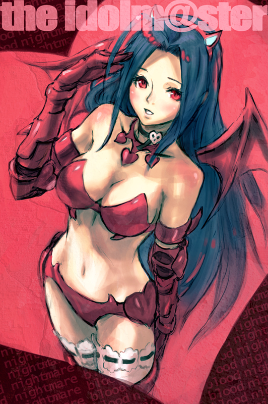 yakinasu, miura azusa, idolmaster, idolmaster (classic), bad id, bad pixiv id, 00s, 1girl, bat wings, blue hair, breasts, cleavage, elbow gloves, female focus, gloves, large breasts, long hair, nightmare blood, red eyes, solo, thighhighs, very long hair, wings