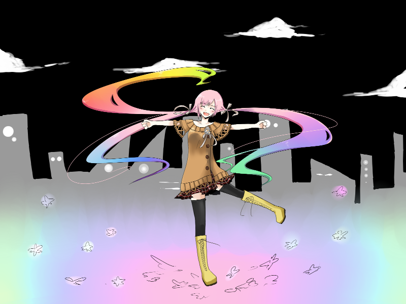shari, megurine luka, double lariat (vocaloid), vocaloid, alternate hairstyle, aqua hair, blonde hair, blue hair, boots, closed eyes, gradient hair, hair ribbon, long hair, multicolored hair, pink hair, purple hair, ribbon, skirt, smile, solo, thighhighs, twintails, zettai ryouiki