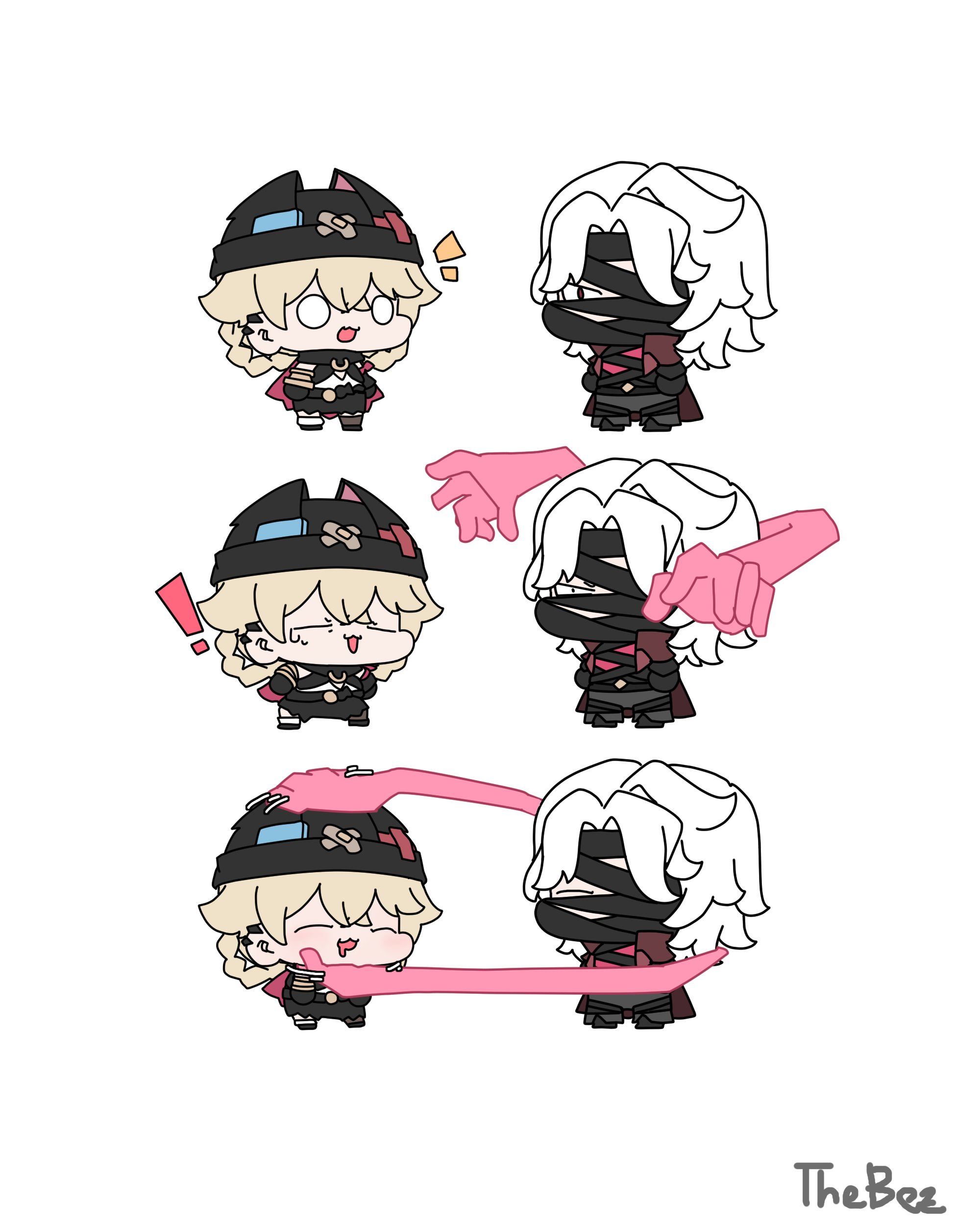 bezthebez8, jahoda (genshin impact), rerir (genshin impact), genshin impact, absurdres, highres, !, 1boy, 1girl, animal ear headwear, arms at sides, asymmetrical legwear, bandage over one eye, bandaged chest, bandeau, beanie, black bandages, black bandeau, black collar, black gloves, black hat, black pants, black shorts, blank eyes, blonde hair, blush, braid, braided hair rings, chin rub, closed eyes, collar, curtained hair, drooling, ear piercing, extra arms, facing another, fake animal ears, gloves, hair intakes, hair rings, hat, headpat, looking at another, mismatched legwear, mouth drool, nervous sweating, notice lines, open mouth, pants, piercing, red eyes, sanpaku, sequential, shorts, standing, sweat, white hair