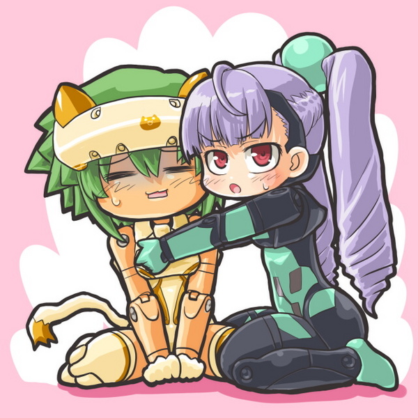 dd (ijigendd), maochao, yda, busou shinki, 10s, blue hair, chibi, doll joints, green hair, joints, mecha musume, pink eyes, ponytail