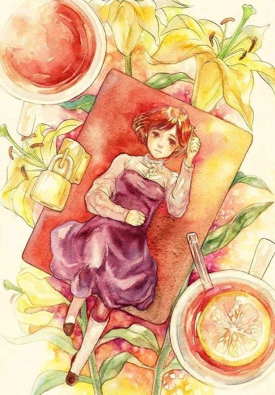 akitomo, kasumi (hitokuri), original, bad id, bad pixiv id, painting (medium), traditional media, watercolor (medium), 1girl, cup, dress, female focus, flower, food, fruit, key, lemon, lily (flower), lock, lying, mini person, minigirl, on back, red hair, solo, tea