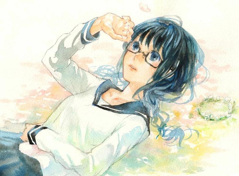 akitomo, kasumi (hitokuri), original, painting (medium), traditional media, watercolor (medium), 1girl, black hair, female focus, flower, glasses, head wreath, lying, on back, school uniform, serafuku, solo