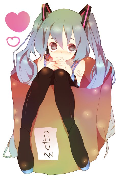 yukiho (artist), hatsune miku, vocaloid, bad id, bad pixiv id, aqua eyes, aqua hair, bag, box, detached sleeves, heart, in box, in container, smile, solo, thighhighs, twintails