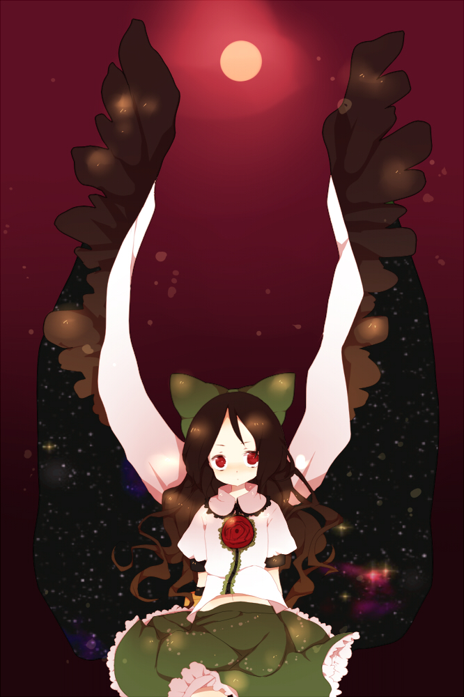 yukiho (artist), reiuji utsuho, touhou, bad id, bad pixiv id, 1girl, black hair, bow, child, female focus, frills, hair bow, long hair, outdoors, red eyes, sky, solo, standing, wings