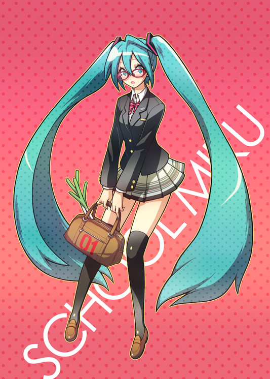 deretta, hatsune miku, vocaloid, aqua eyes, aqua hair, bag, bespectacled, blazer, glasses, jacket, kneehighs, long hair, pleated skirt, school uniform, skirt, socks, solo, spring onion, thighhighs, twintails, very long hair