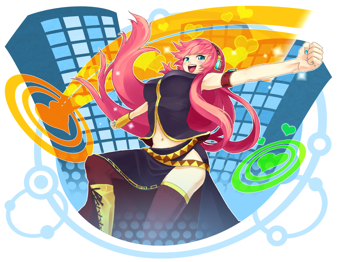 shiba (pixiv458329), shibairo, megurine luka, double lariat (vocaloid), vocaloid, 1girl, armband, blue eyes, blue nails, blush, boots, female focus, headphones, heart, knee boots, long hair, midriff, nail polish, navel, outstretched arms, pink hair, skirt, smile, solo, spread arms, thighhighs, wristband