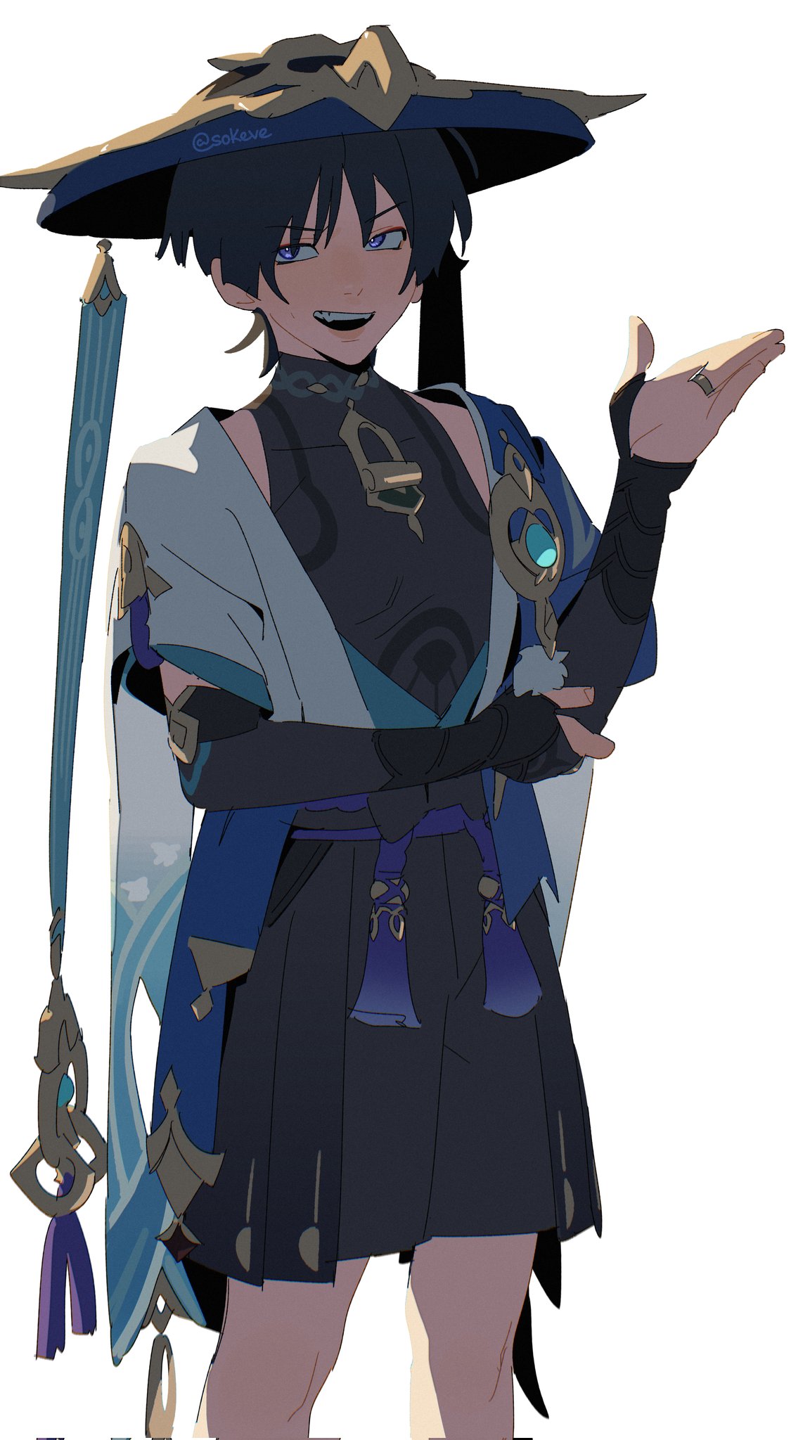 sokeve, scaramouche (genshin impact), wanderer (genshin impact), genshin impact, highres, 1boy, animal print, armor, bird print, black bodysuit, black bow, black bridal gauntlets, black hair, black mouth, black shorts, blue gemstone, blue hat, blue kimono, blue sleeves, blunt ends, bodysuit, bow, bridal gauntlets, bright pupils, covered collarbone, cowboy shot, eyeliner, eyeshadow, fingernails, furisode, gem, gold, gold ring, hakama, hakama shorts, hand on own elbow, hand up, hat, japanese armor, japanese clothes, jingasa, juban, kimono, kote, kurokote, layered sleeves, looking at viewer, makeup, male focus, middle ring, open clothes, open hand, open kimono, pleated shorts, pom pom (clothes), purple eyes, purple sash, red eyeliner, red eyeshadow, sash, short sleeves, shorts, shoulder peek, solo, tassel, teeth, tsurime, twitter username, upper teeth only, vision (genshin impact), white background, white kimono, white pupils, white sleeves