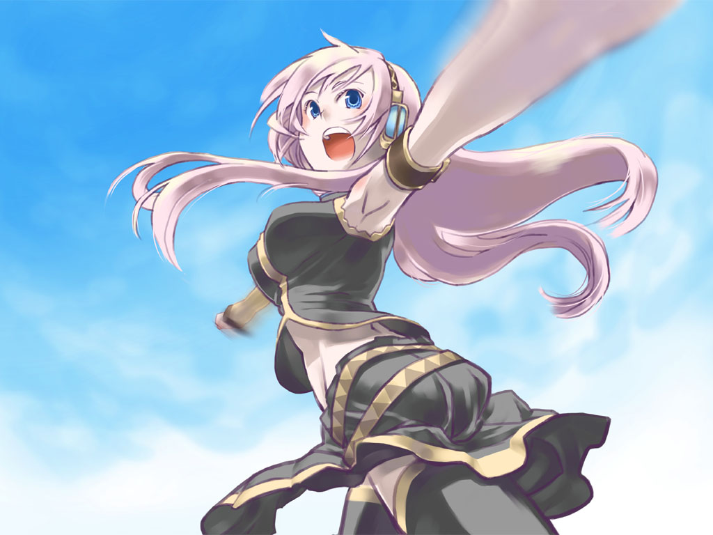 nazunan, megurine luka, double lariat (vocaloid), vocaloid, blue eyes, day, headphones, long hair, midriff, motion blur, open mouth, pink hair, sky, smile, solo, thighhighs