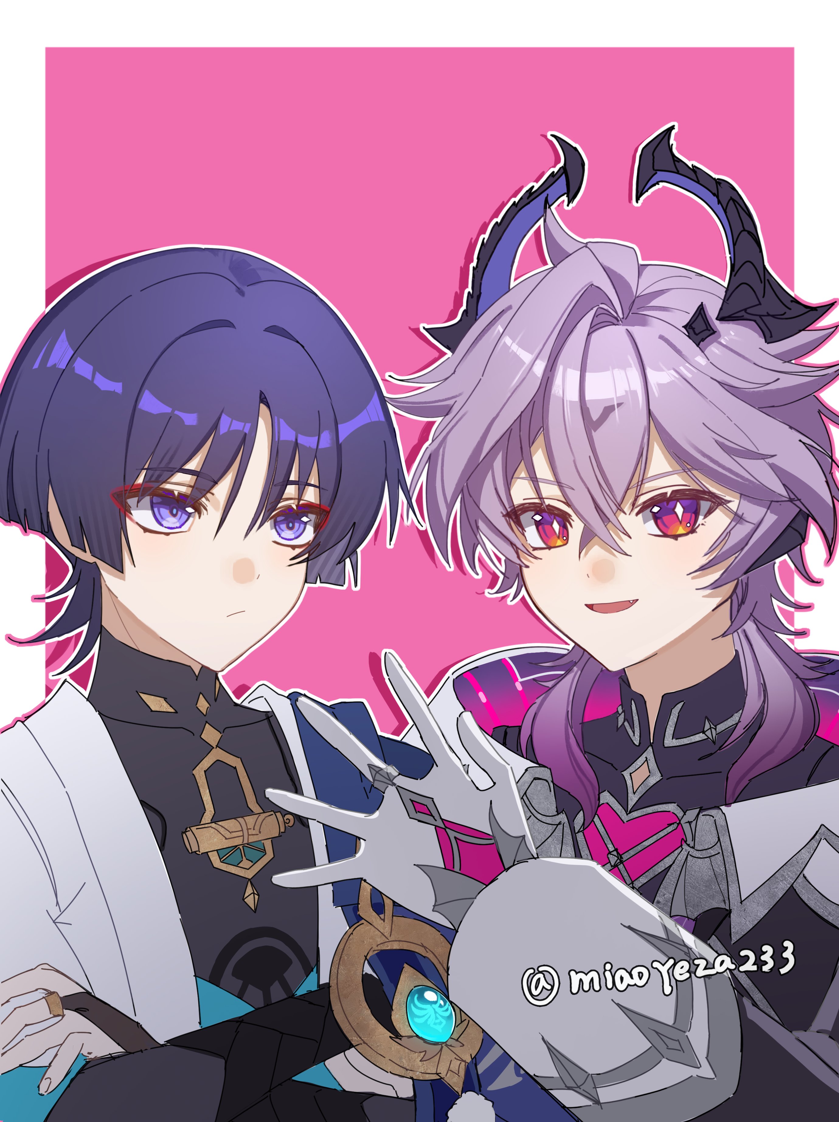 miaoyeza233, mini durin (genshin impact), mini durin (human) (genshin impact), scaramouche (genshin impact), wanderer (genshin impact), genshin impact, absurdres, highres, 2boys, anemo symbol (genshin impact), black bodysuit, black collar, black horns, black sleeves, blue cape, blue gemstone, blue kimono, blue pupils, blue sleeves, blunt ends, bodysuit, border, bright pupils, cape, chest jewel, cleavage cutout, closed mouth, clothing cutout, collar, covered collarbone, crossed arms, crossed bangs, diamond-shaped pupils, diamond (shape), dragon boy, dragon horns, eyeliner, eyeshadow, facial mark, fang, forehead mark, gem, gloves, gold, hair between eyes, hand on own arm, hand up, heart-shaped gem, horns, japanese clothes, juban, kimono, layered sleeves, long sleeves, looking at another, makeup, mandarin collar, multicolored horns, multiple boys, open clothes, open hand, open kimono, open mouth, orange eyes, outline, pink background, pink gemstone, pink hair, pom pom (clothes), purple eyes, purple hair, purple horns, red eyeliner, red eyeshadow, short sleeves, symbol-shaped pupils, tsurime, twitter username, two-tone horns, vision (genshin impact), white border, white collar, white gloves, white kimono, white outline, white pupils, white sleeves, wispy bangs