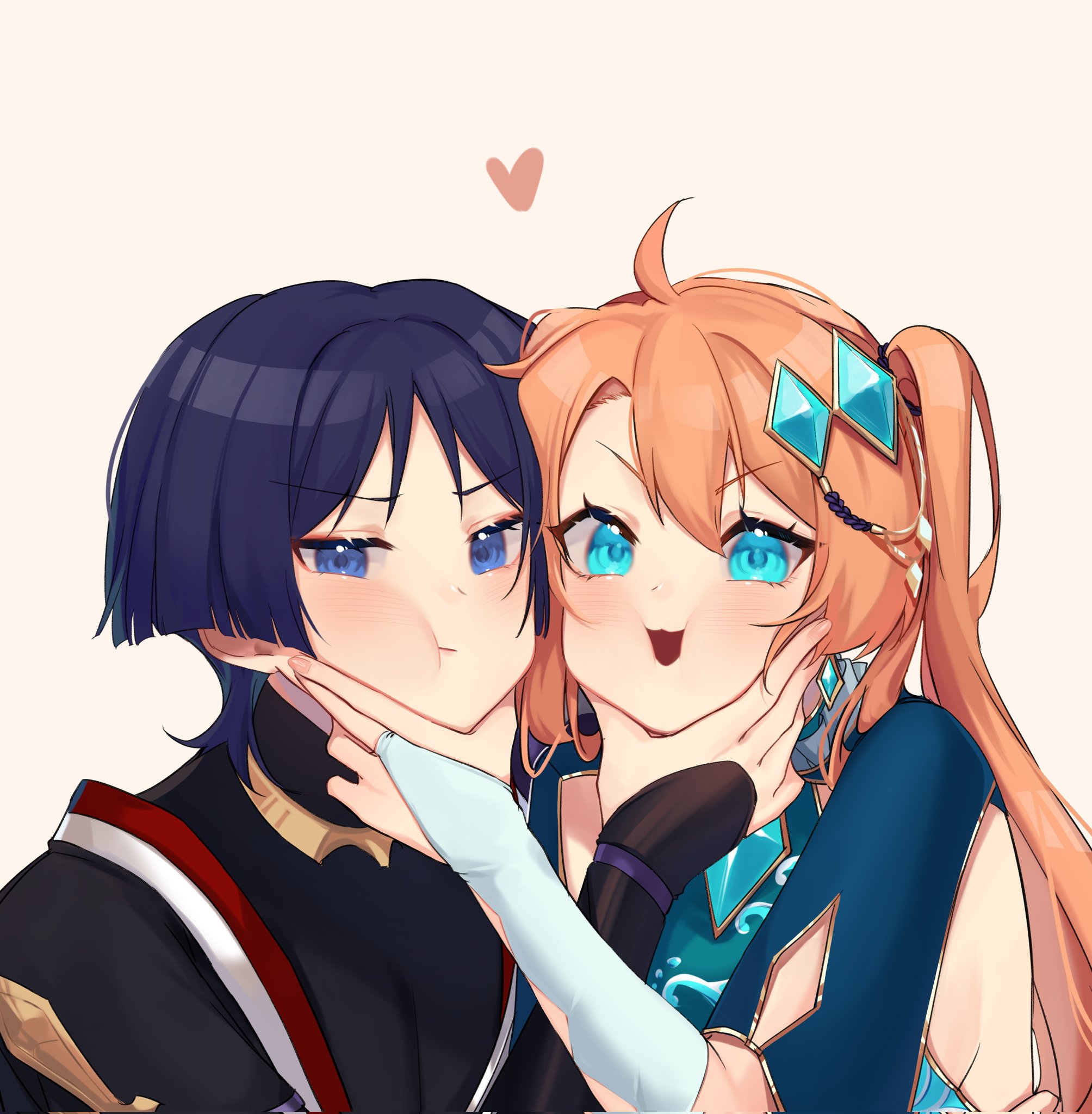 yoontrsh, scaramouche (genshin impact), genshin impact, original, highres, 1boy, 1girl, ahoge, aqua gemstone, arm cutout, armor, black bodysuit, black kimono, black sleeves, blue eyes, blue sleeves, blunt ends, blush, bodysuit, breasts, bridal gauntlets, brown background, cheek bulge, cheek squash, chest jewel, closed mouth, clothing cutout, couple, earrings, eyelashes, eyeliner, eyeshadow, fingernails, gem, gem hair ornament, gold, hand on another's face, heart, hetero, japanese armor, japanese clothes, jewelry, juban, kimono, kote, kurokote, light frown, long hair, looking at viewer, makeup, neck ring, oc x canon, open mouth, orange hair, pink nails, purple hair, purple rope, raised eyebrows, red eyeliner, red eyeshadow, red kimono, rope, short sleeves, side cutout, side ponytail, sideboob, single sode, v-shaped eyebrows, white bridal gauntlets, white kimono, wispy bangs