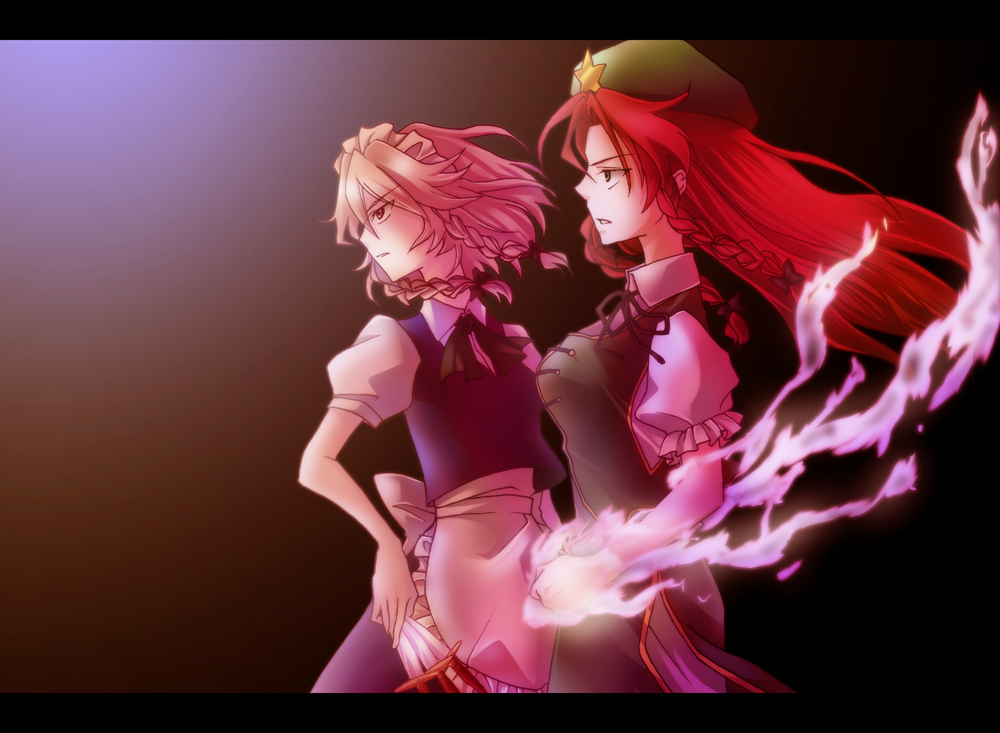 megumiya, hong meiling, izayoi sakuya, embodiment of scarlet devil, touhou, silver hair, bad id, bad pixiv id, 2girls, aura, braid, breasts, china dress, chinese clothes, dress, female focus, gradient background, hat, knife, letterboxed, long hair, maid, multiple girls, red eyes, red hair, short hair, skirt, twin braids