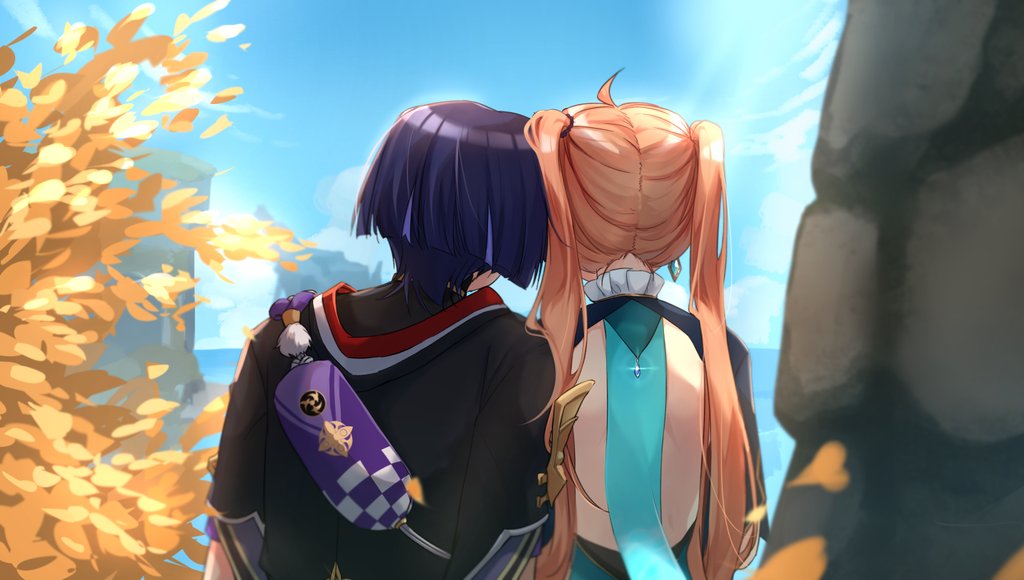 yoontrsh, scaramouche (genshin impact), genshin impact, original, 1boy, 1girl, ahoge, aqua gemstone, arms at sides, back cutout, black bodysuit, black kimono, black sleeves, blue gemstone, blue sky, blunt ends, bodysuit, clothing cutout, couple, crystal earrings, earrings, fatui logo, from behind, gem, glint, gold, gold trim, hair pulled back, heads together, hetero, japanese clothes, jewelry, juban, kimono, layered sleeves, leaning on person, long hair, mitsudomoe (shape), multicolored hair, neck ring, oc x canon, orange hair, plant, pom pom (clothes), purple bag, purple hair, purple sleeves, red kimono, short sleeves, single earring, sky, streaked hair, tomoe (symbol), twintails, white kimono, white trim