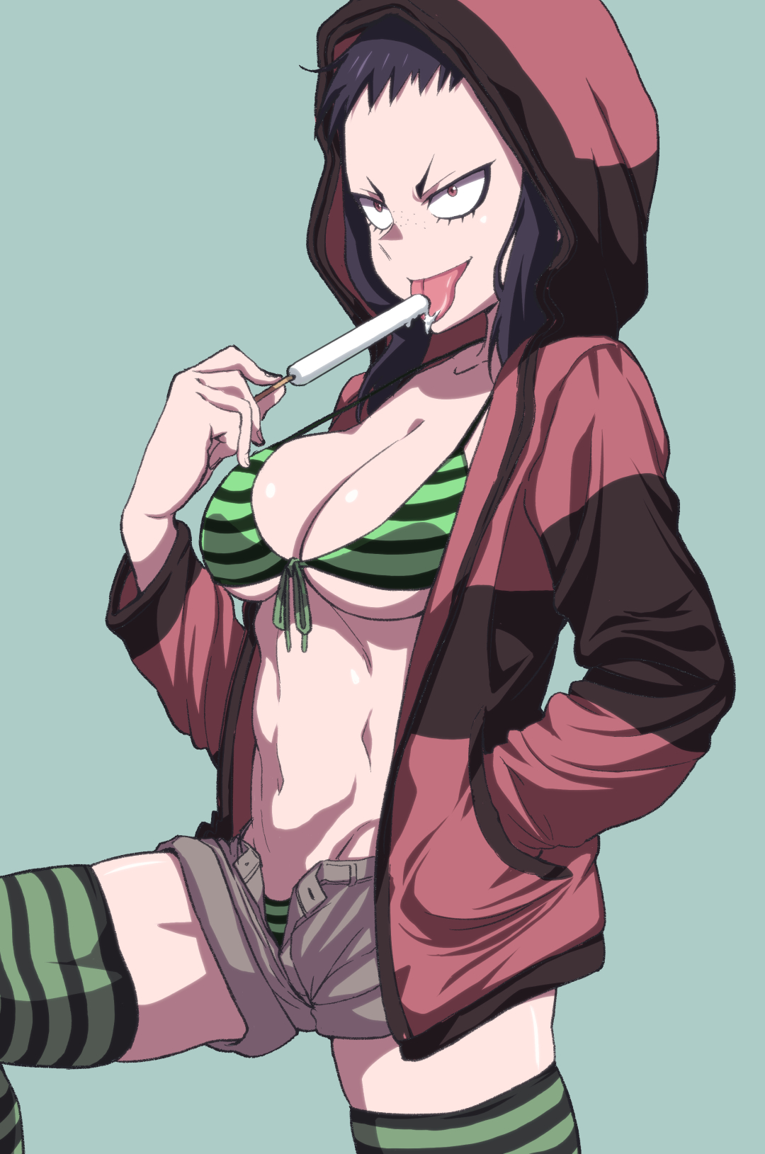 natsumi chorisuke, original, commentary, highres, bikini, breasts, food, hand in pocket, holding, holding food, holding popsicle, hood, hood up, hoodie, large breasts, open clothes, open fly, open hoodie, popsicle, shorts, swimsuit, tongue, tongue out