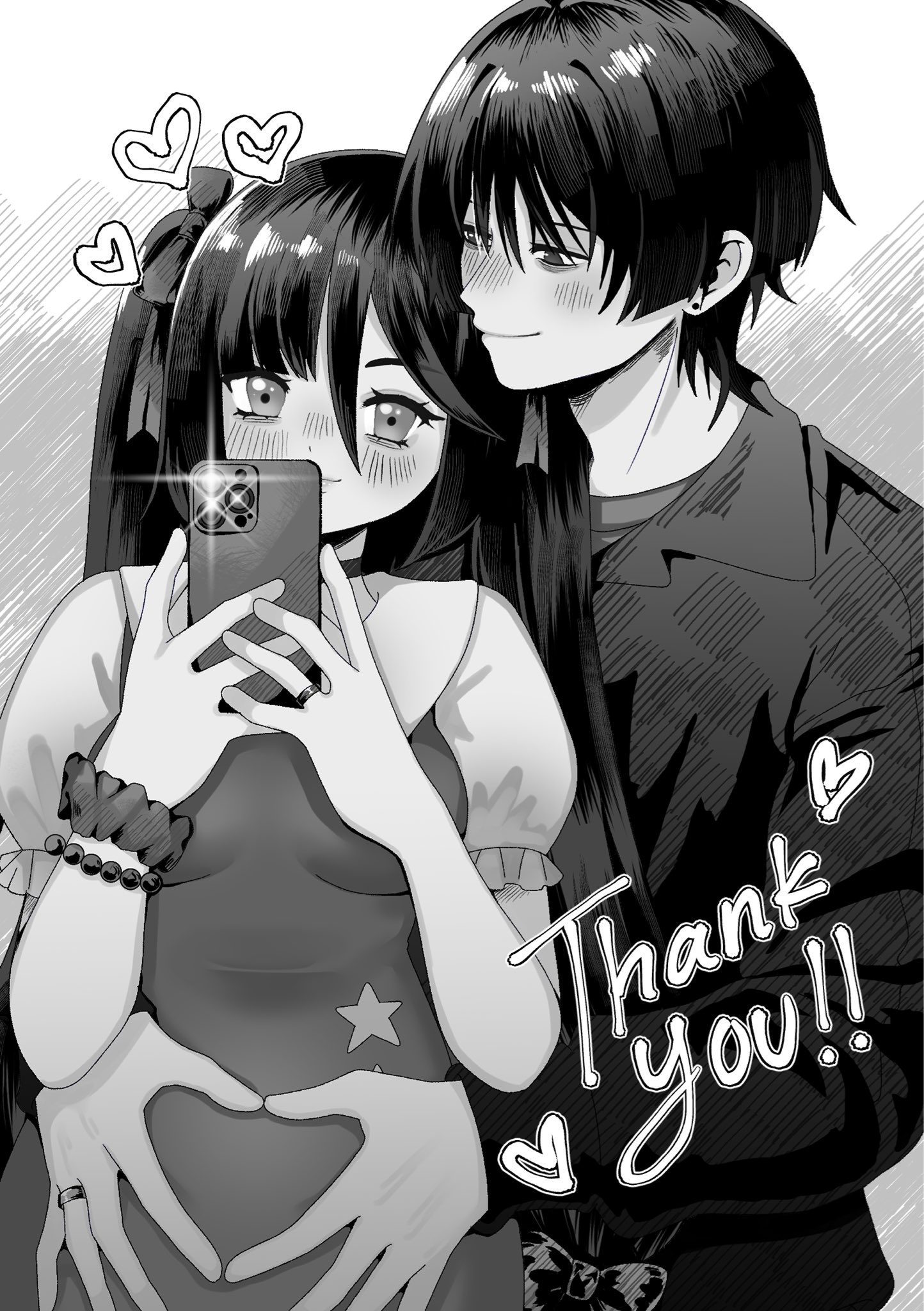 koviiy, mona (genshin impact), scaramouche (genshin impact), genshin impact, highres, 1boy, 1girl, bags under eyes, bead bracelet, beads, behind another, blunt bangs, blunt ends, blush, bow, bracelet, choker, choppy bangs, closed mouth, collar, couple, dress, earrings, eyelashes, four-finger heart hands, greyscale, hair between eyes, hair bow, half-closed eyes, hands on another's stomach, hands up, happy, heart, heart hands, height difference, hetero, holding, holding phone, jewelry, layered shirt, long hair, long sleeves, looking at another, looking at viewer, monochrome, parted bangs, phone, puffy sleeves, ring, scrunchie, short sleeves, sidelocks, smile, star (symbol), star print, taking picture, tsurime, twintails, undershirt, wedding ring, wrist scrunchie