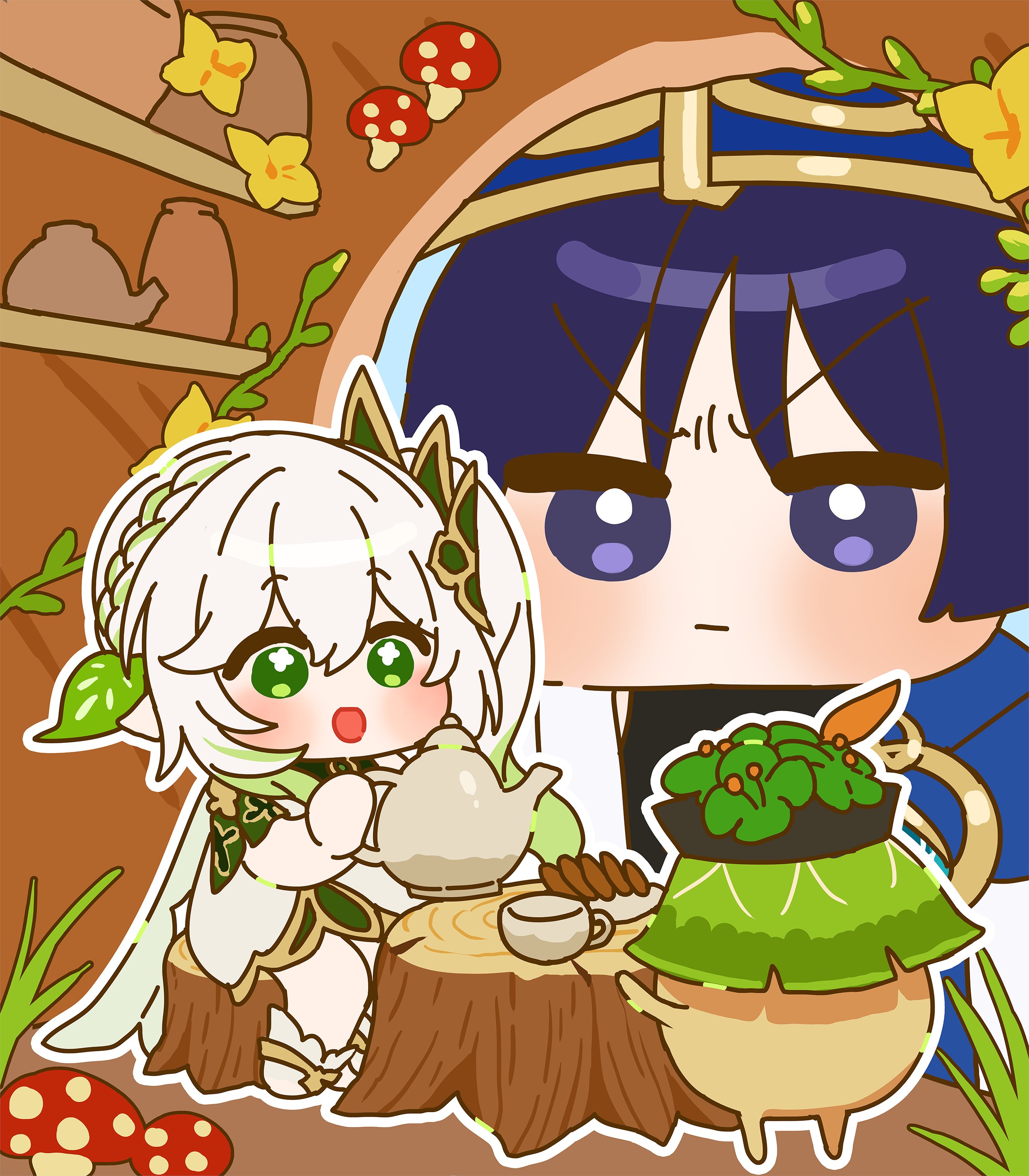 badamon, nahida (genshin impact), scaramouche (genshin impact), wanderer (genshin impact), genshin impact, absurdres, highres, 1boy, 1girl, anklet, black bodysuit, blue cape, blue hat, blunt ends, blush, bodysuit, bright pupils, cape, closed mouth, colored tips, cross-shaped pupils, cup, dress, eyelashes, flower, frown, furrowed brow, giant, gold, grass, green cape, green eyes, green hair, green sleeves, hair between eyes, hair ornament, hat, holding, holding kettle, indoors, japanese clothes, jar, jewelry, jingasa, kettle, kimono, leaf, leaf hair ornament, long hair, looking at another, looking at creature, multicolored hair, mushroom, on tree stump, open mouth, outline, plant, plate, purple eyes, purple hair, short sleeves, shoulder peek, side ponytail, sidelocks, sitting, socks, streaked hair, symbol-shaped pupils, tareme, tree stump, v-shaped eyebrows, vines, white dress, white hair, white kimono, white outline, white pupils, white socks, wispy bangs, yellow flower