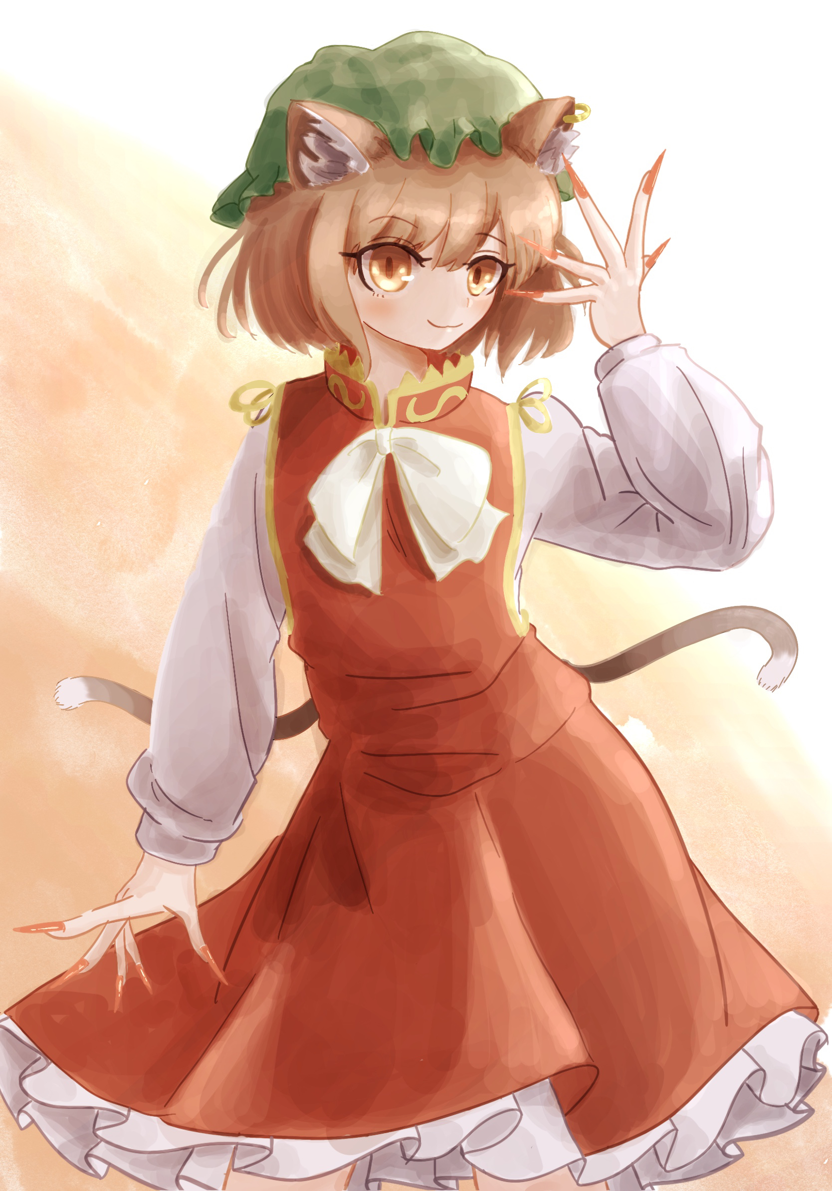 luan ib, chen, touhou, commentary, highres, 1girl, animal ear fluff, animal earrings, animal ears, blush, bow, bowtie, brown hair, cat ears, cat girl, cat tail, dress, fingernails, frilled hat, frills, green hat, hat, long fingernails, long sleeves, looking at viewer, mob cap, multiple tails, nail polish, orange dress, petticoat, red nails, shirt, short hair, smile, solo, tail, two tails, white bow, white bowtie, white shirt