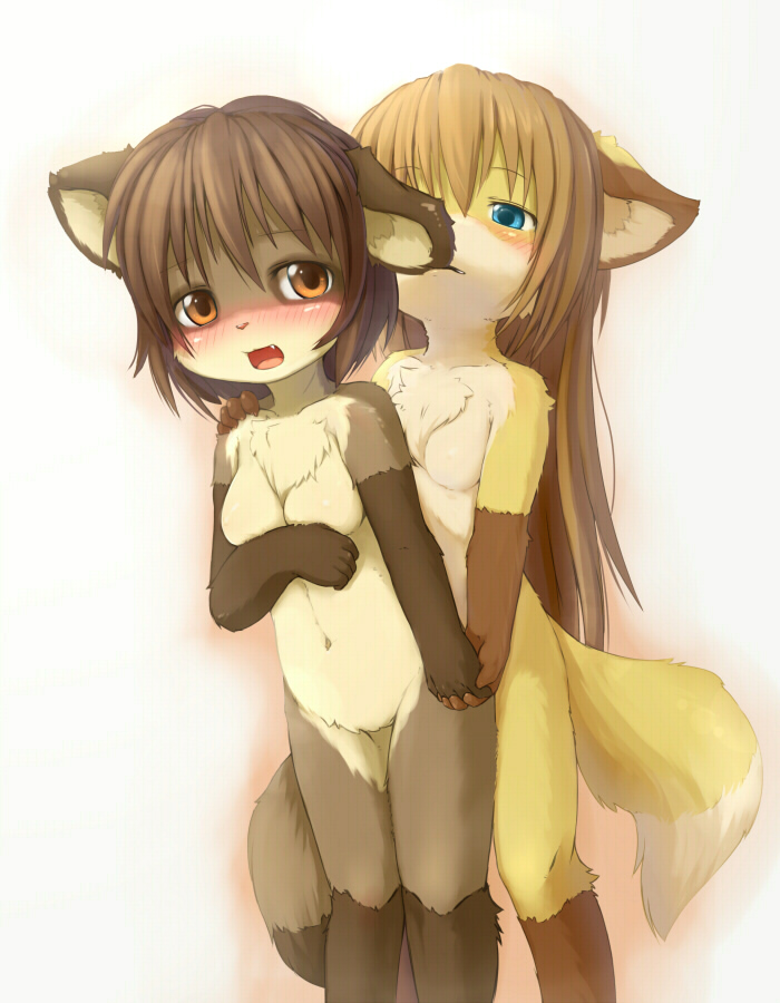 kagerofu, biting ear, 2girls, animal ears, biting, blue eyes, blush, breasts, fang, fox, fox ears, fox tail, furry, holding hands, loli, long hair, multiple girls, nude, open mouth, orange eyes, simple background, tail, yuri