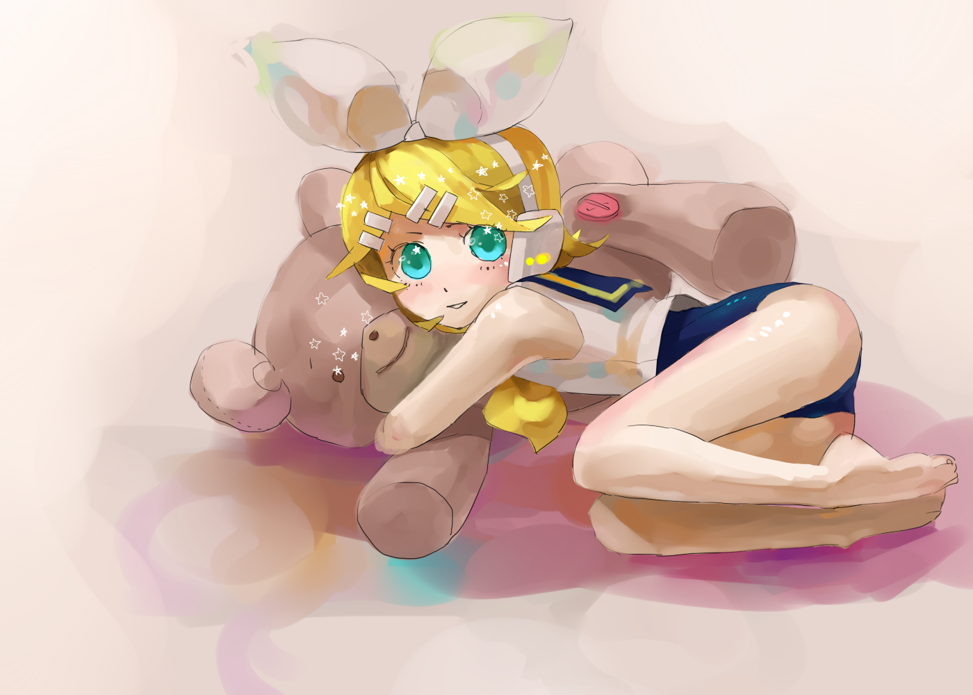 gum (gmng), gumidemo kandero, kagamine rin, vocaloid, bad id, bad pixiv id, 1girl, aqua eyes, barefoot, blonde hair, feet, female focus, fetal position, hair ornament, hair ribbon, hairclip, lying, no pants, on side, one-piece swimsuit, plantar flexion, ribbon, school swimsuit, short hair, smile, solo, stuffed animal, stuffed toy, swimsuit, swimsuit under clothes, teddy bear