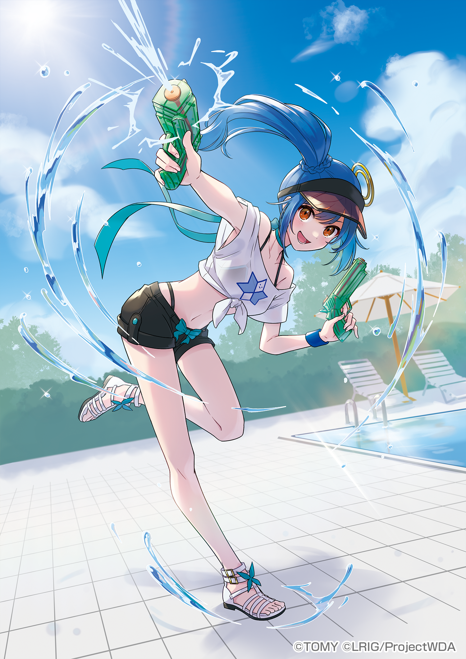 peron (niki2ki884), piruluk, wixoss, highres, official art, 1girl, beach chair, bikini, black bikini, black hat, black sandals, black shorts, blue eyes, blue sky, cloud, copyright notice, cropped shirt, hat, highleg, highleg bikini, holding, holding water gun, long hair, looking at viewer, navel, open mouth, outdoors, pool, red eyes, sandals, shirt, shorts, sky, smile, solo, swimsuit, tied shirt, twintails, water gun