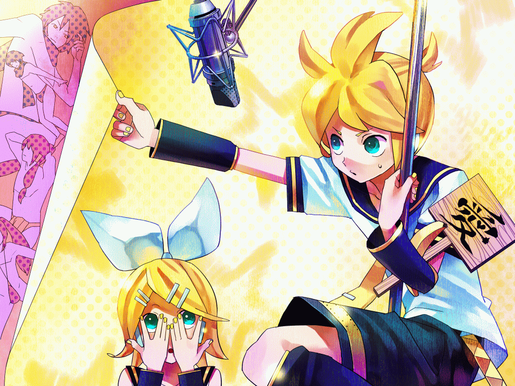 gum (gmng), gumidemo kandero, jam (pixiv172700), kagamine len, kagamine rin, kaito (vocaloid), kamui gakupo, vocaloid, bad id, bad pixiv id, 1boy, 1girl, aqua eyes, banana, blonde hair, food, fruit, hair ornament, hair ribbon, hairclip, microphone, microphone stand, nail polish, ribbon, scarf, short hair, shorts, sweat, yellow nails