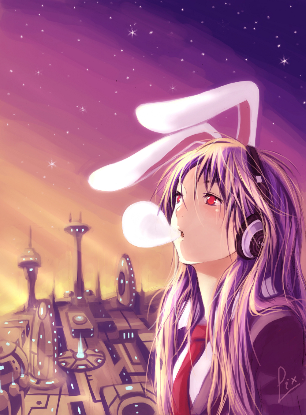 zhuxiao517, reisen udongein inaba, touhou, bad id, bad pixiv id, highres, 1girl, animal ears, blowing bubble gum, blowing bubbles, chewing gum, city, female focus, headphones, necktie, purple hair, rabbit ears, red eyes, red necktie, science fiction, solo
