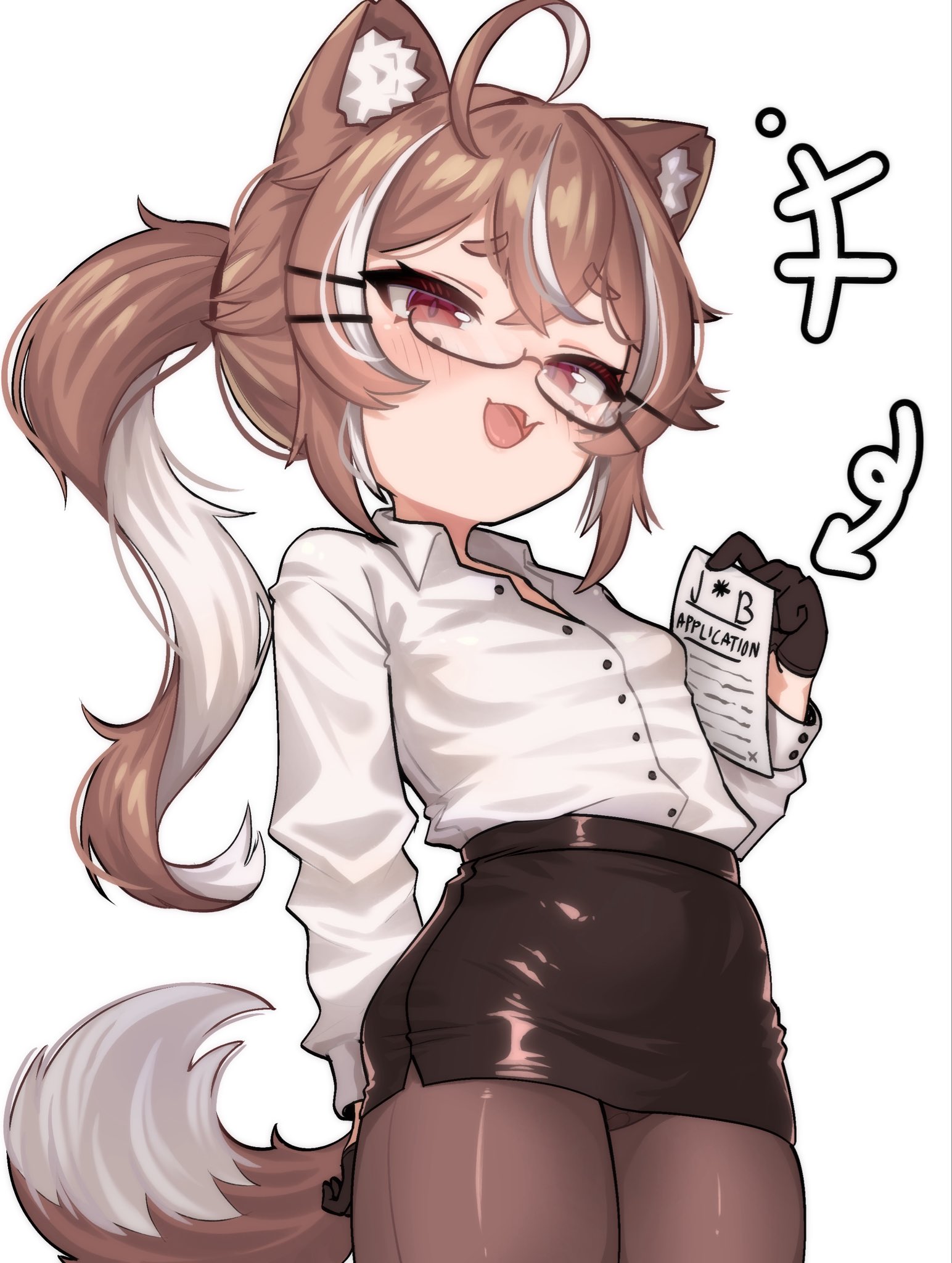 mocha-tan, mocha-tan (character), indie virtual youtuber, highres, +++, 1girl, animal ears, arrow (symbol), black-framed eyewear, black gloves, black skirt, breasts, brown hair, brown pantyhose, cat ears, cat girl, cat tail, collared shirt, cowboy shot, dress shirt, fang, glasses, gloves, hair between eyes, job application form (meme), looking at viewer, meme, miniskirt, mole, mole under each eye, mole under eye, multicolored hair, multiple moles, open mouth, panties, pantyhose, pantyshot, partially unbuttoned, red eyes, semi-rimless eyewear, shirt, skin fang, skirt, small breasts, solo, streaked hair, tail, two-tone hair, under-rim eyewear, underwear, virtual youtuber, white background, white shirt