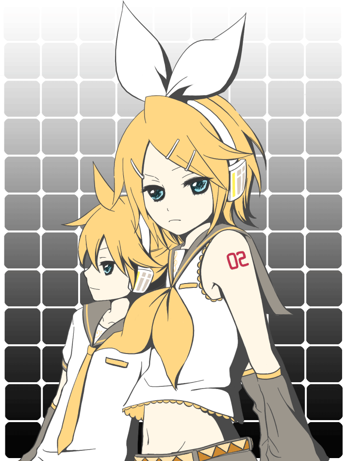 kijiyan, kagamine len, kagamine rin, vocaloid, bad id, bad pixiv id, 1boy, 1girl, blonde hair, blue eyes, brother and sister, hair ornament, hair ribbon, hairclip, headphones, necktie, ribbon, short hair, siblings, twins, yellow necktie
