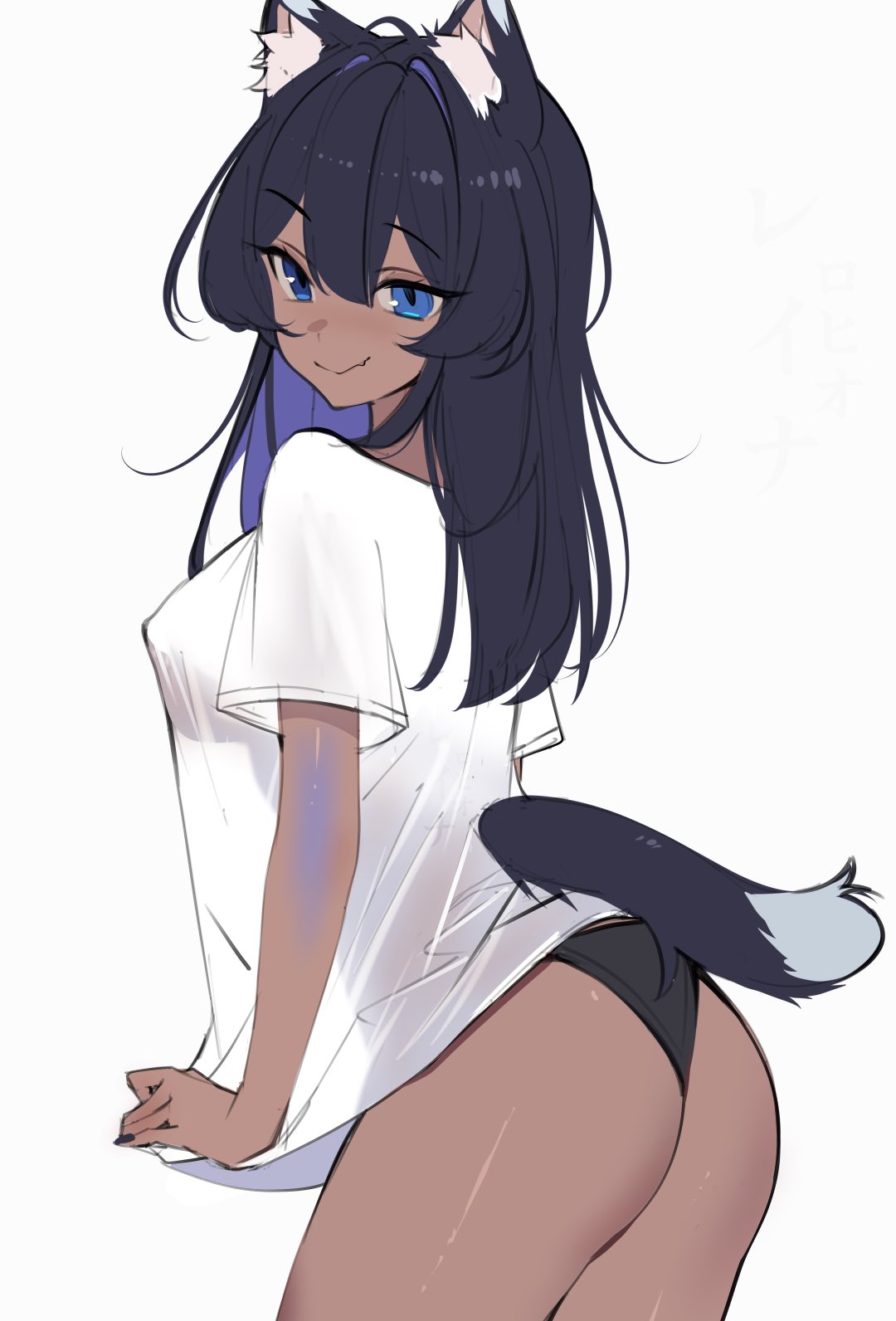 rohioart, original, highres, 1girl, animal ear fluff, animal ears, ass, black hair, black nails, black panties, blue eyes, breasts, closed mouth, colored inner hair, long hair, multicolored hair, panties, purple hair, shirt, smile, tail, underwear, white shirt