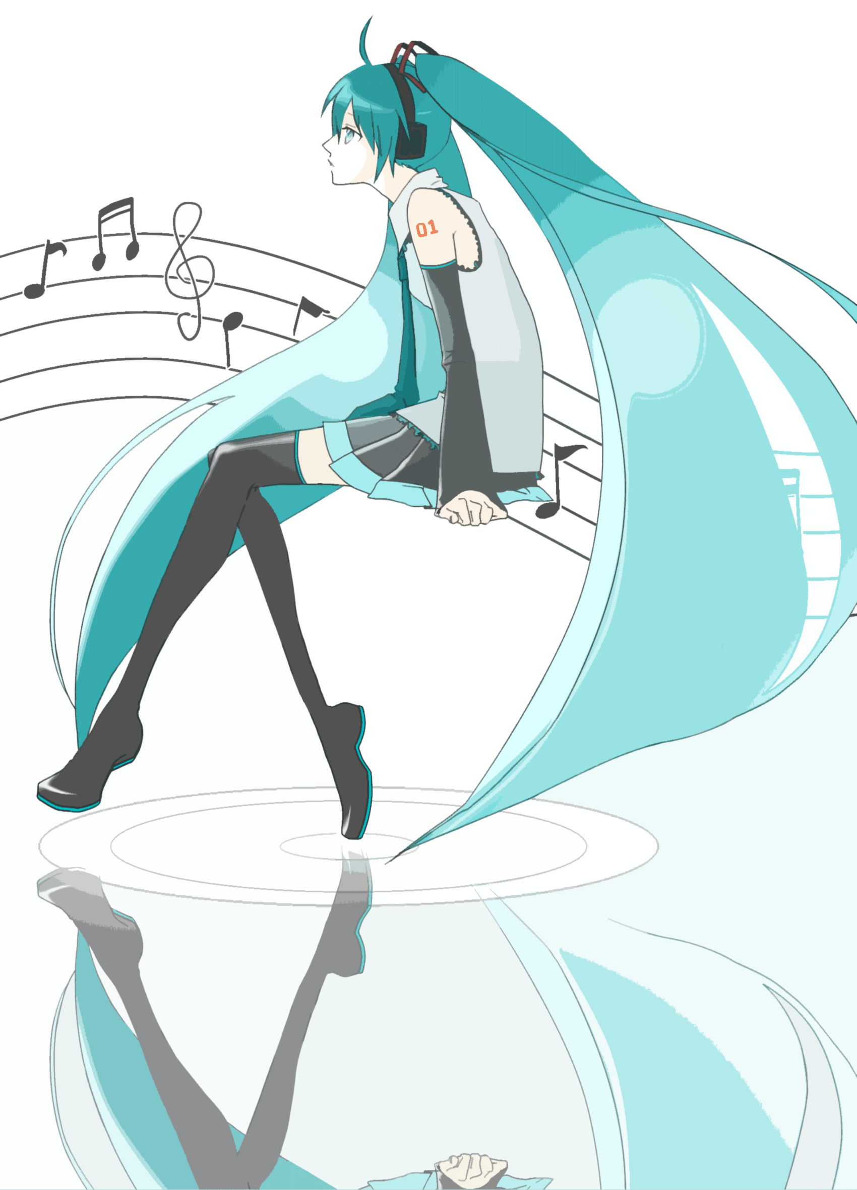 kijiyan, hatsune miku, vocaloid, bad id, bad pixiv id, highres, ahoge, aqua eyes, aqua hair, detached sleeves, headphones, long hair, musical note, necktie, profile, reflection, skirt, solo, thighhighs, twintails, very long hair, zettai ryouiki