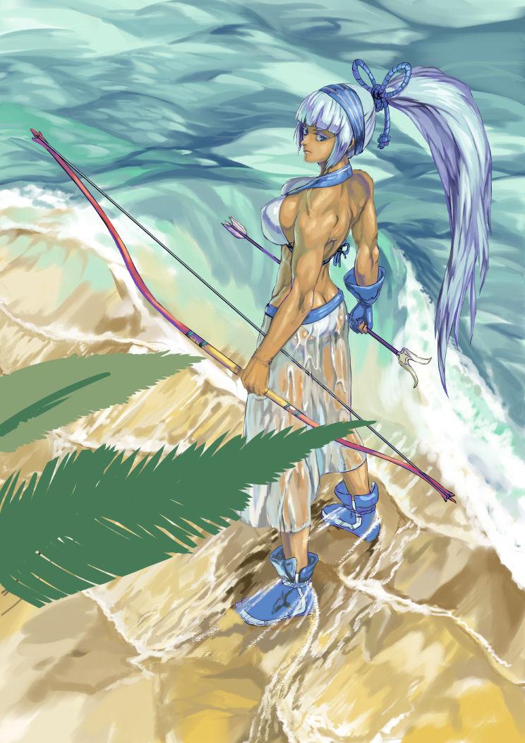 mutsugi, majikina mina, samurai shodown, samurai spirits, tagme, 1girl, arrow (projectile), bow (weapon), butt crack, muscular, muscular female, ponytail, weapon