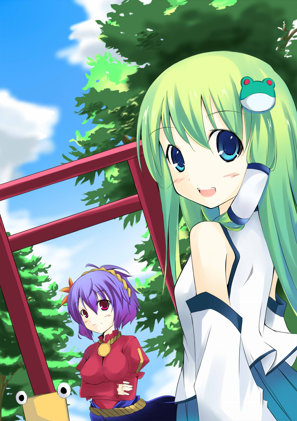 kusano (torisukerabasu), kochiya sanae, moriya suwako, yasaka kanako, touhou, highres, jpeg artifacts, 2girls, blue eyes, crossed arms, day, detached sleeves, dutch angle, female focus, frog, green hair, hair ornament, head out of frame, long hair, multiple girls, outdoors, purple hair, smile, tareme, torii, tree