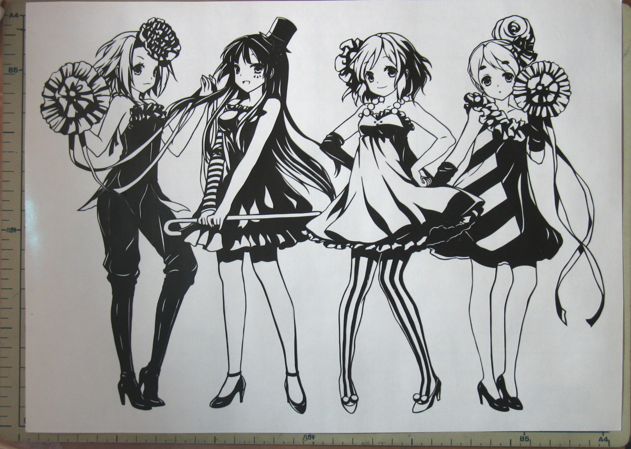 cuteg, ine hana, akiyama mio, hirasawa yui, kotobuki tsumugi, tainaka ritsu, don't say "lazy", k-on!, striped legwear, vertical-striped legwear, traditional media, 00s, 4girls, greyscale, hat, ho-kago tea time, legs, mini hat, mini top hat, monochrome, multiple girls, pantyhose, striped clothes, striped pantyhose, top hat, vertical-striped clothes, vertical-striped pantyhose